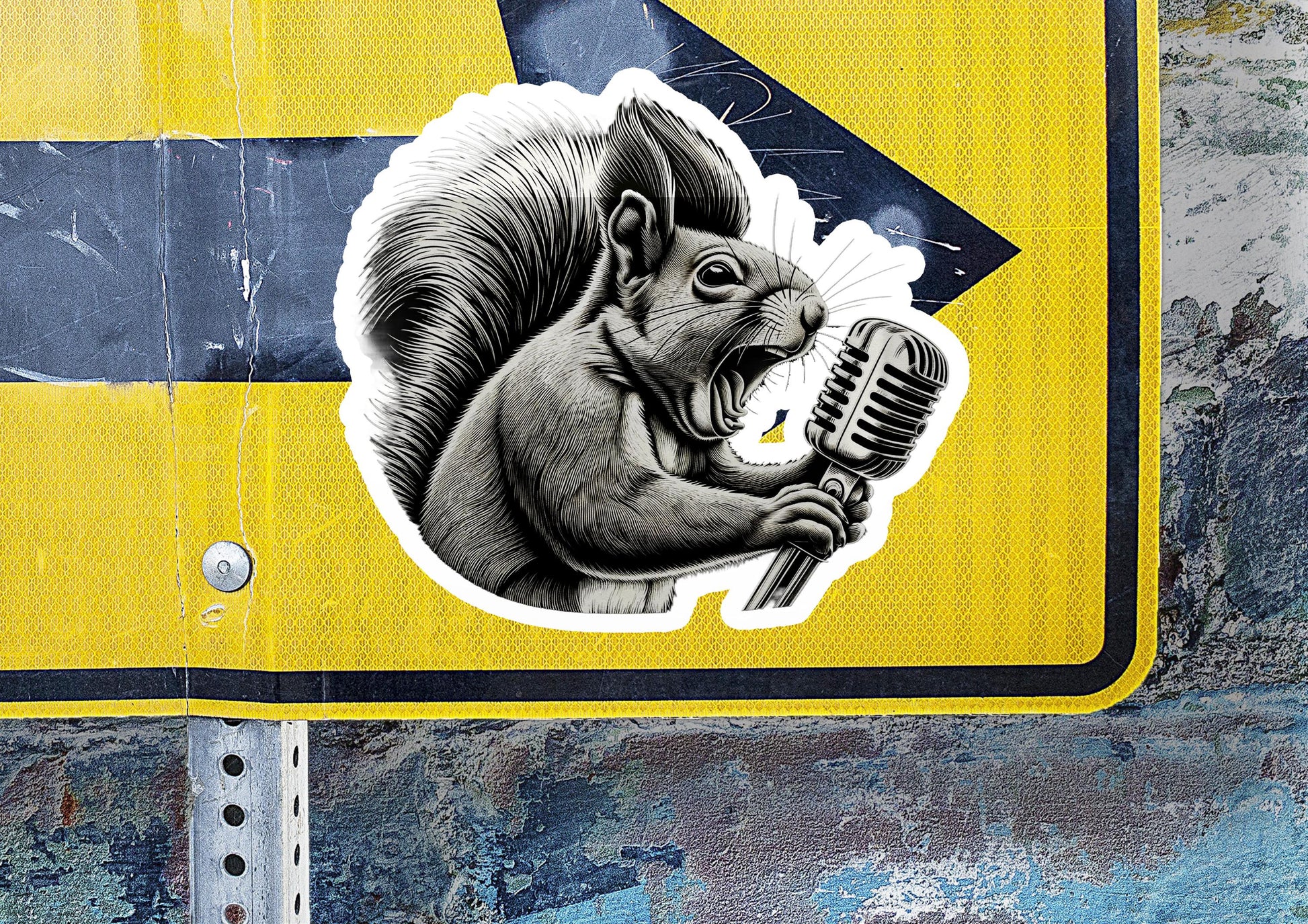 a sticker of a squirrel holding a microphone