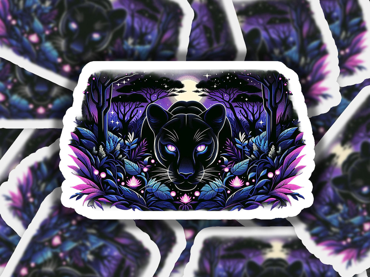 a sticker of a black cat surrounded by purple flowers