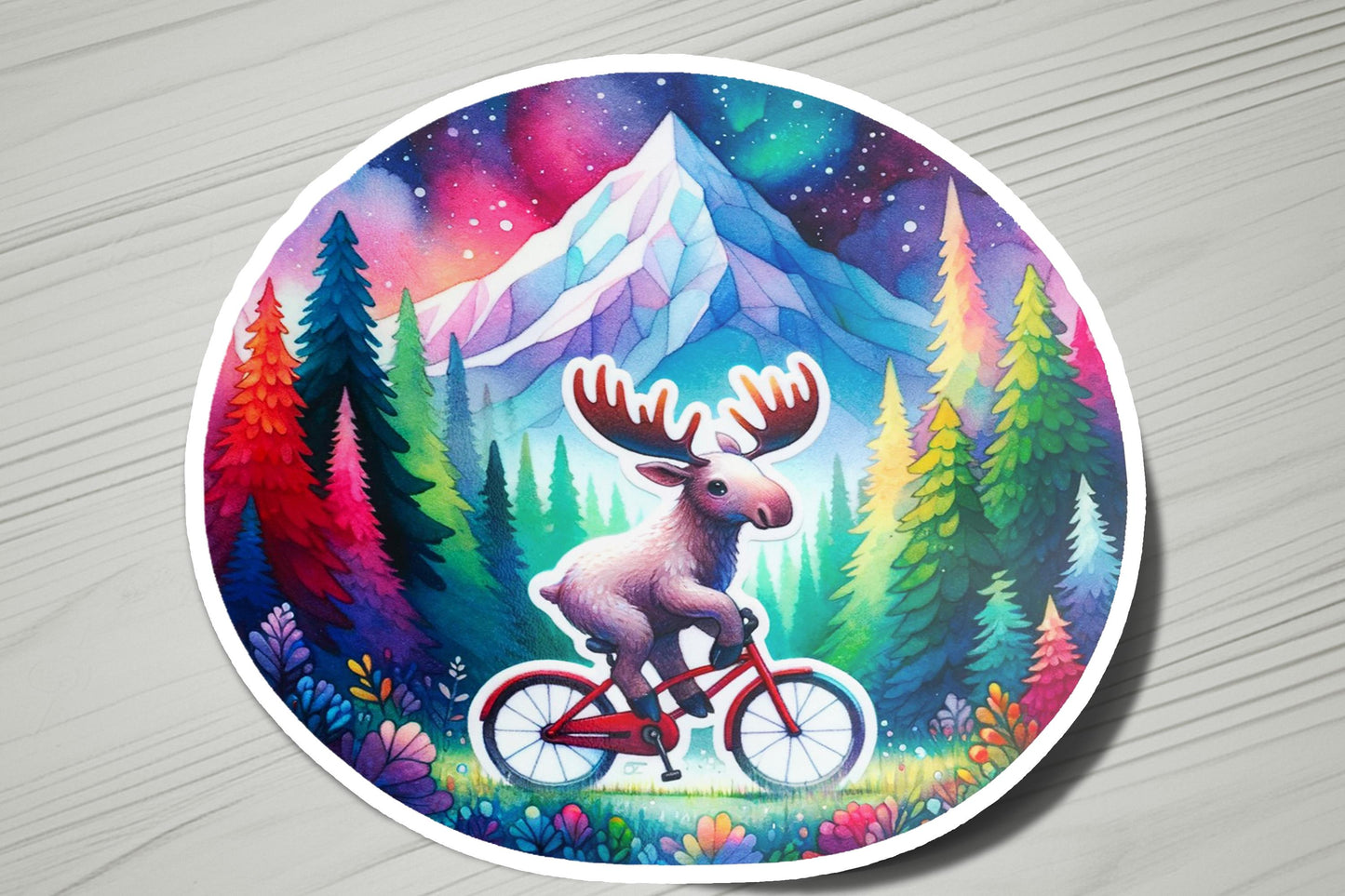 a sticker of a moose riding a bicycle