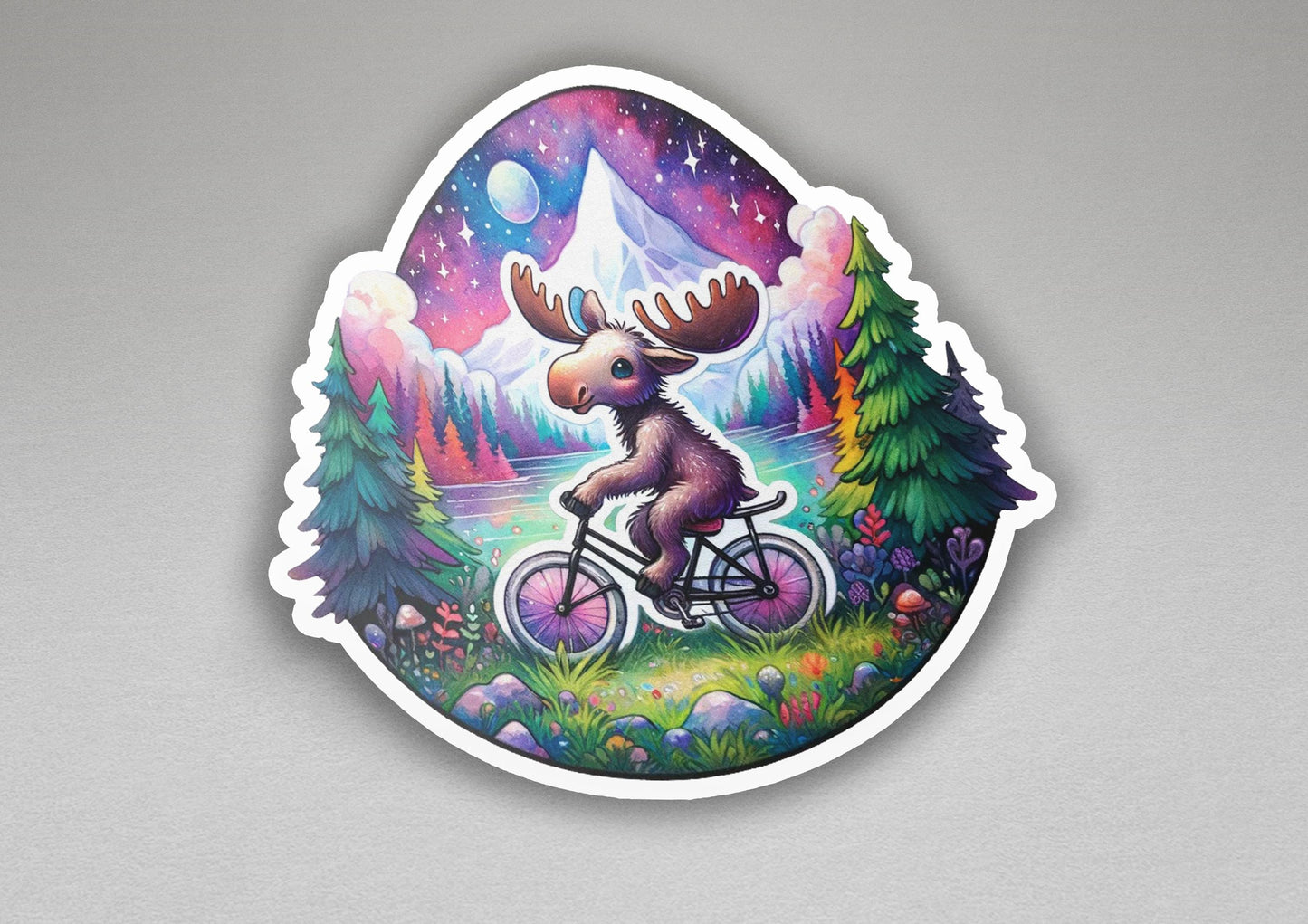 a sticker of a moose riding a bicycle