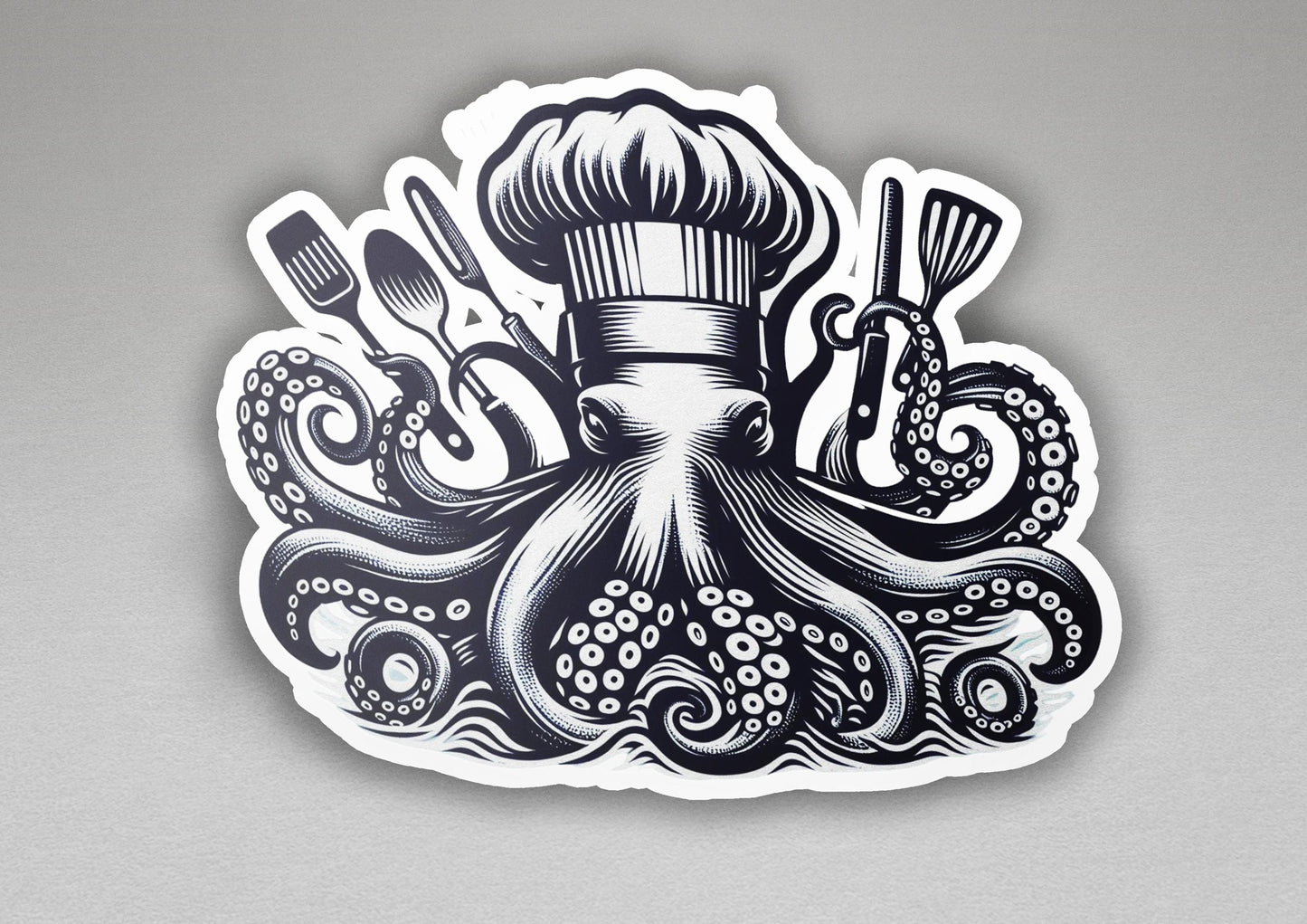 a sticker of an octopus with a chef's hat and utensils