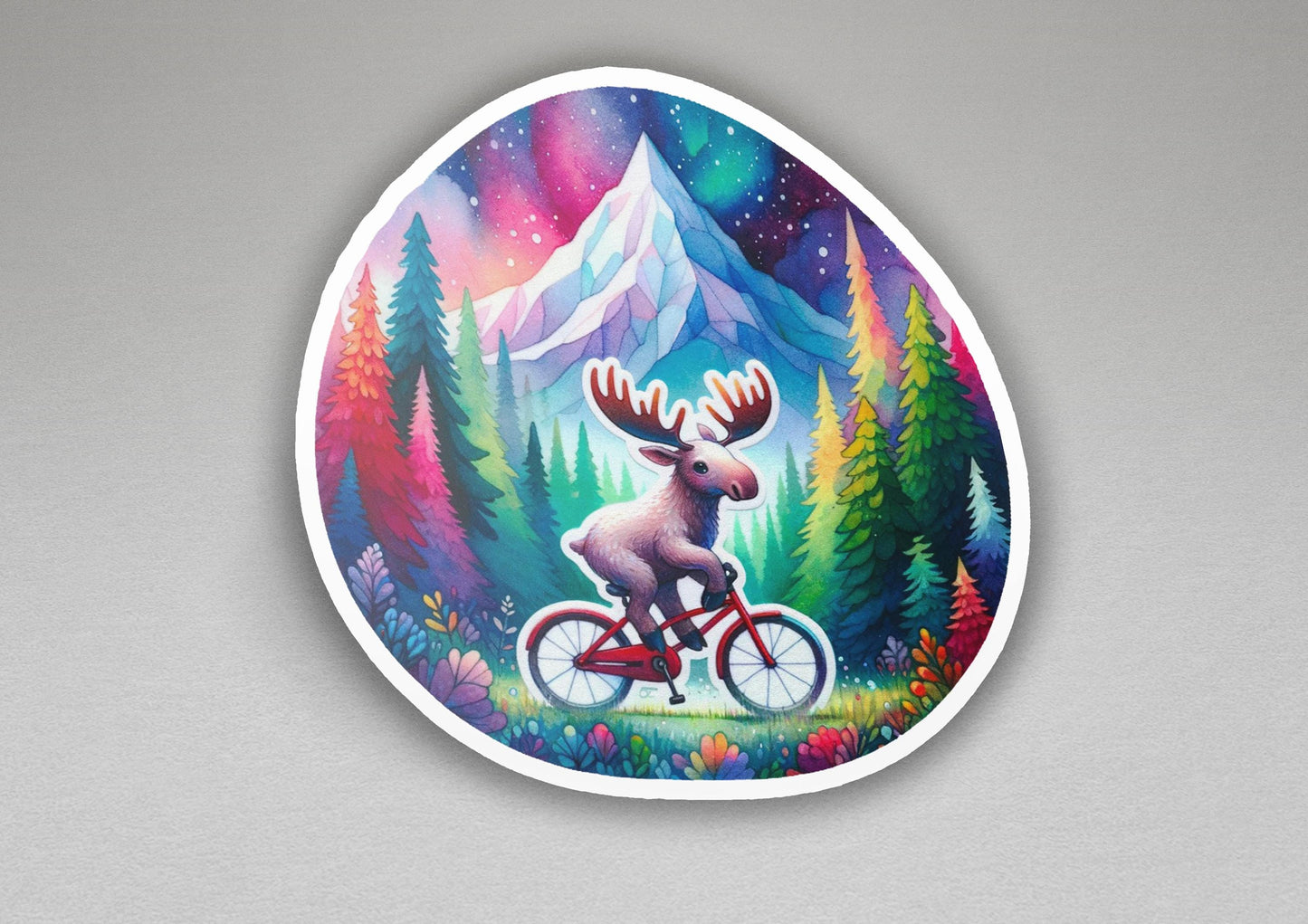 a painting of a moose riding a bicycle