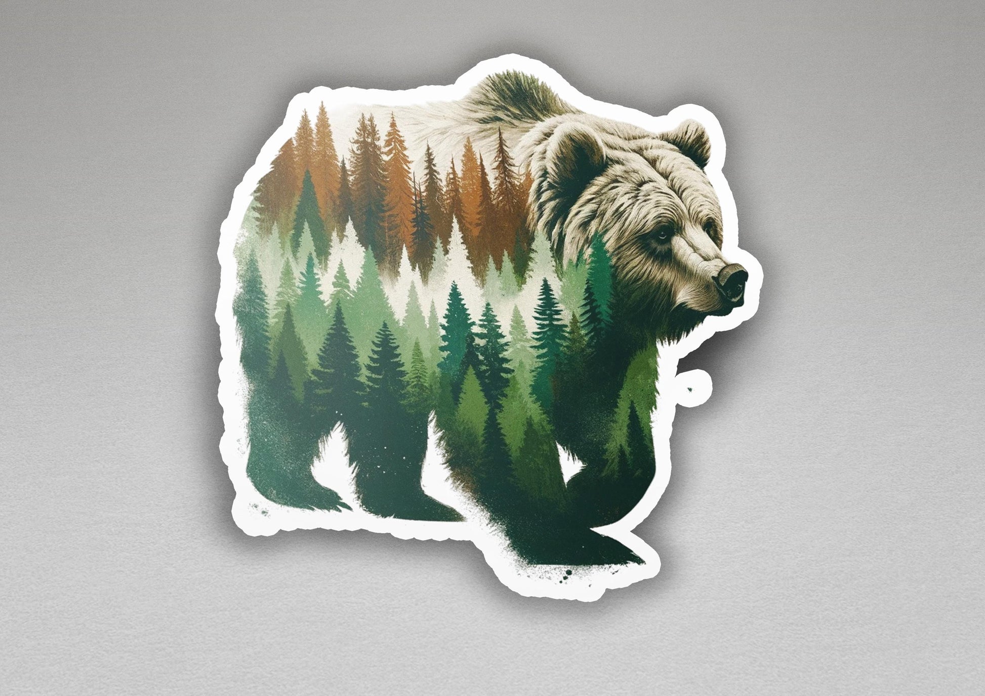 a sticker of a bear with trees on it