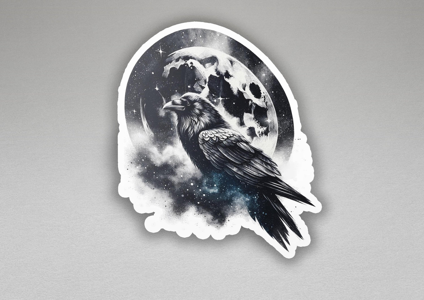 a sticker of a black bird sitting on top of a moon