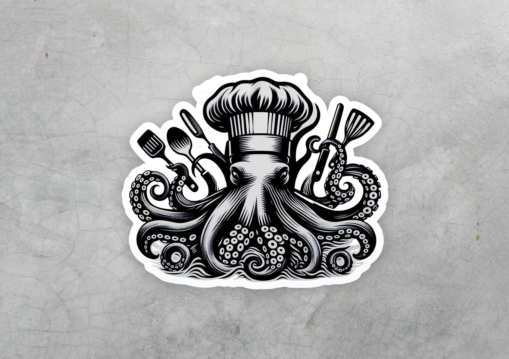 an octopus sticker with a chef's hat and cooking utensils