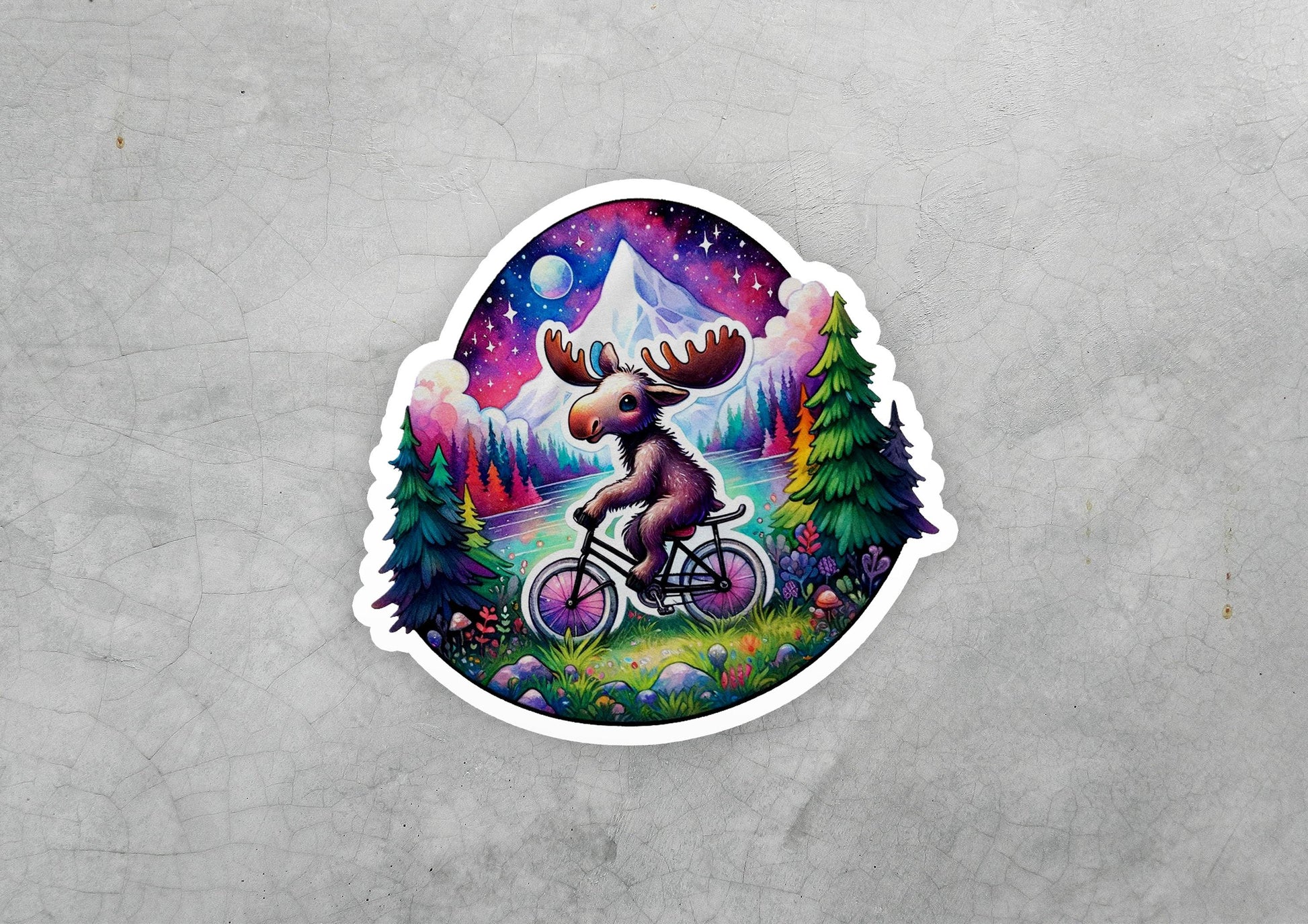 a sticker of a moose riding a bicycle