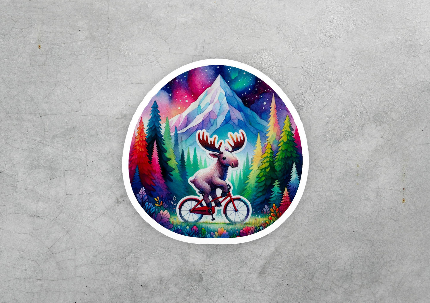 a sticker of a moose riding a bicycle