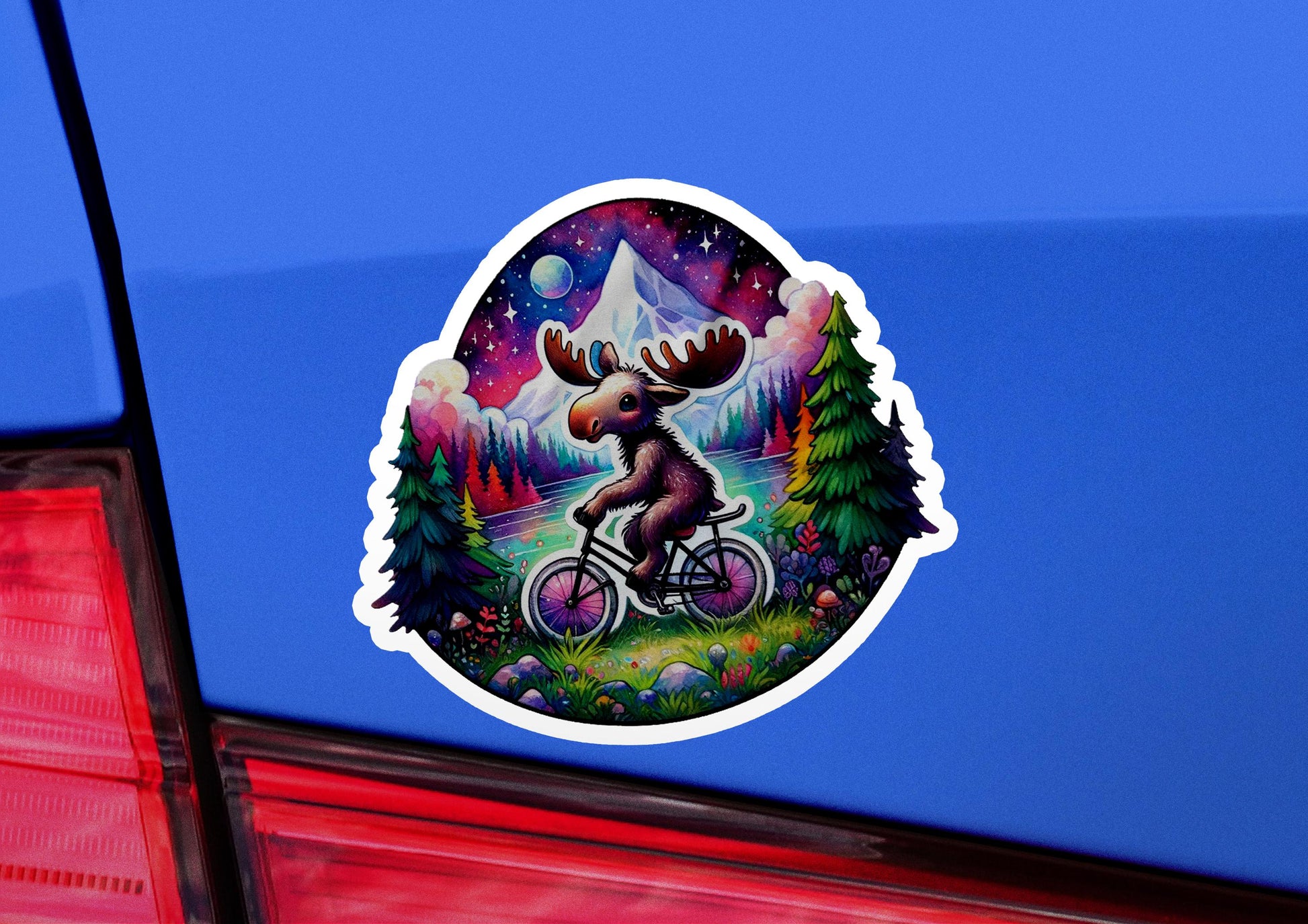 a sticker of a moose riding a bicycle