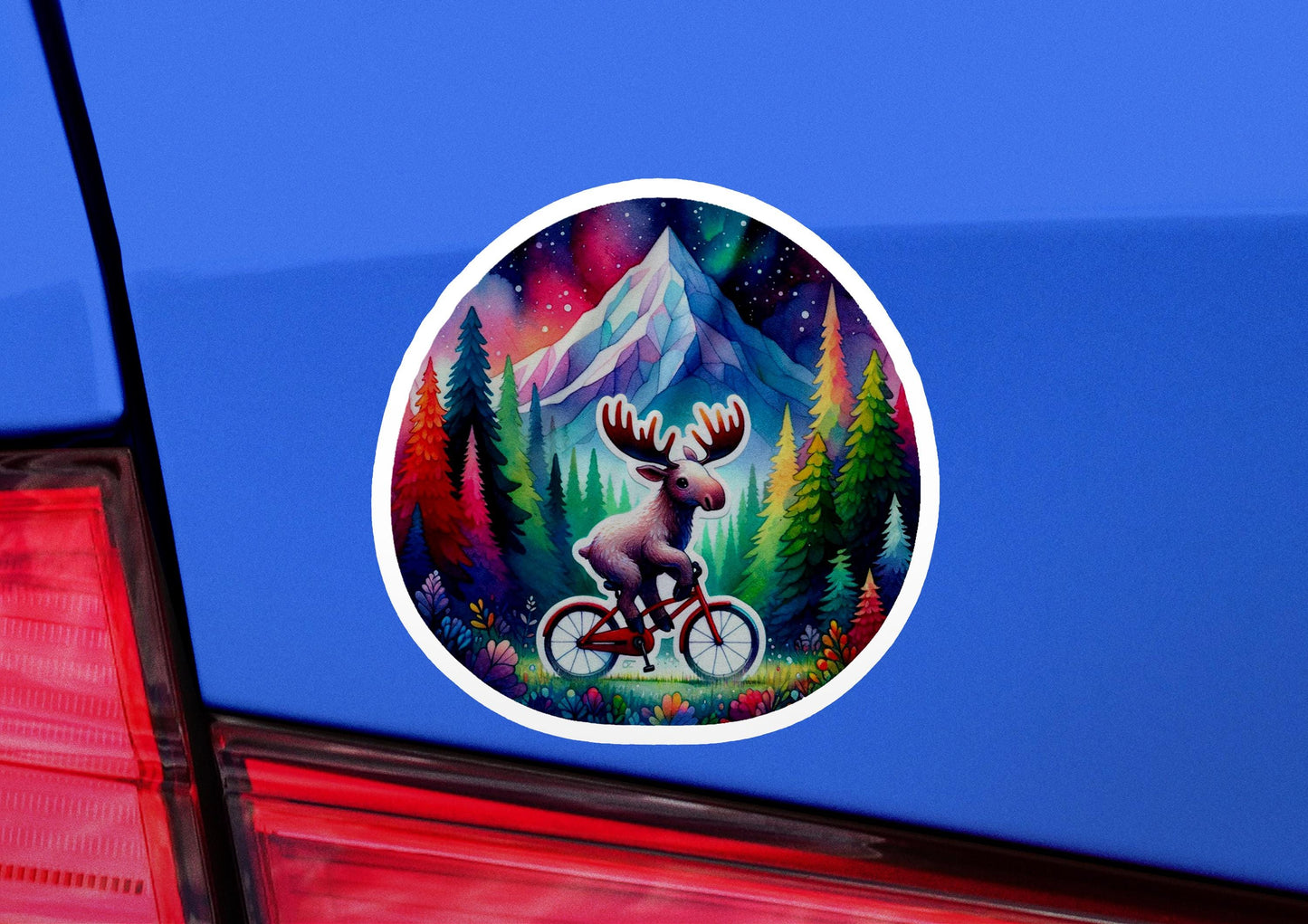 a car with a sticker of a moose riding a bike