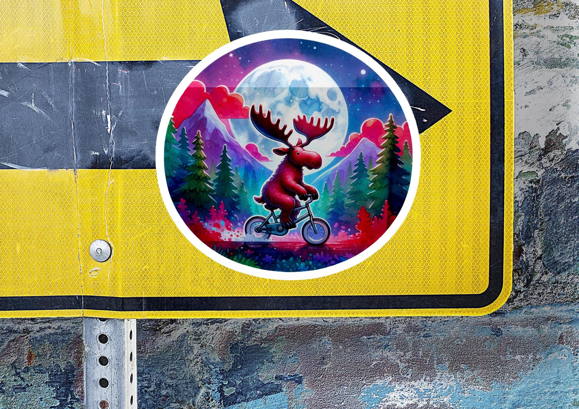 a street sign with a picture of a moose riding a bike