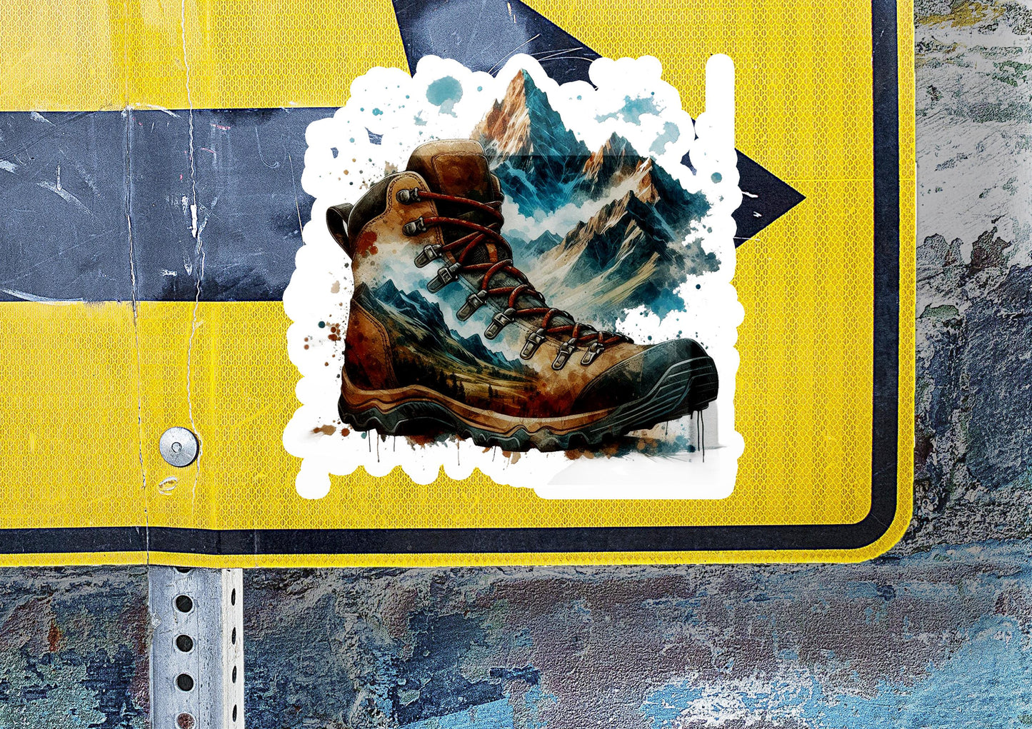 a picture of a pair of hiking boots on a street sign