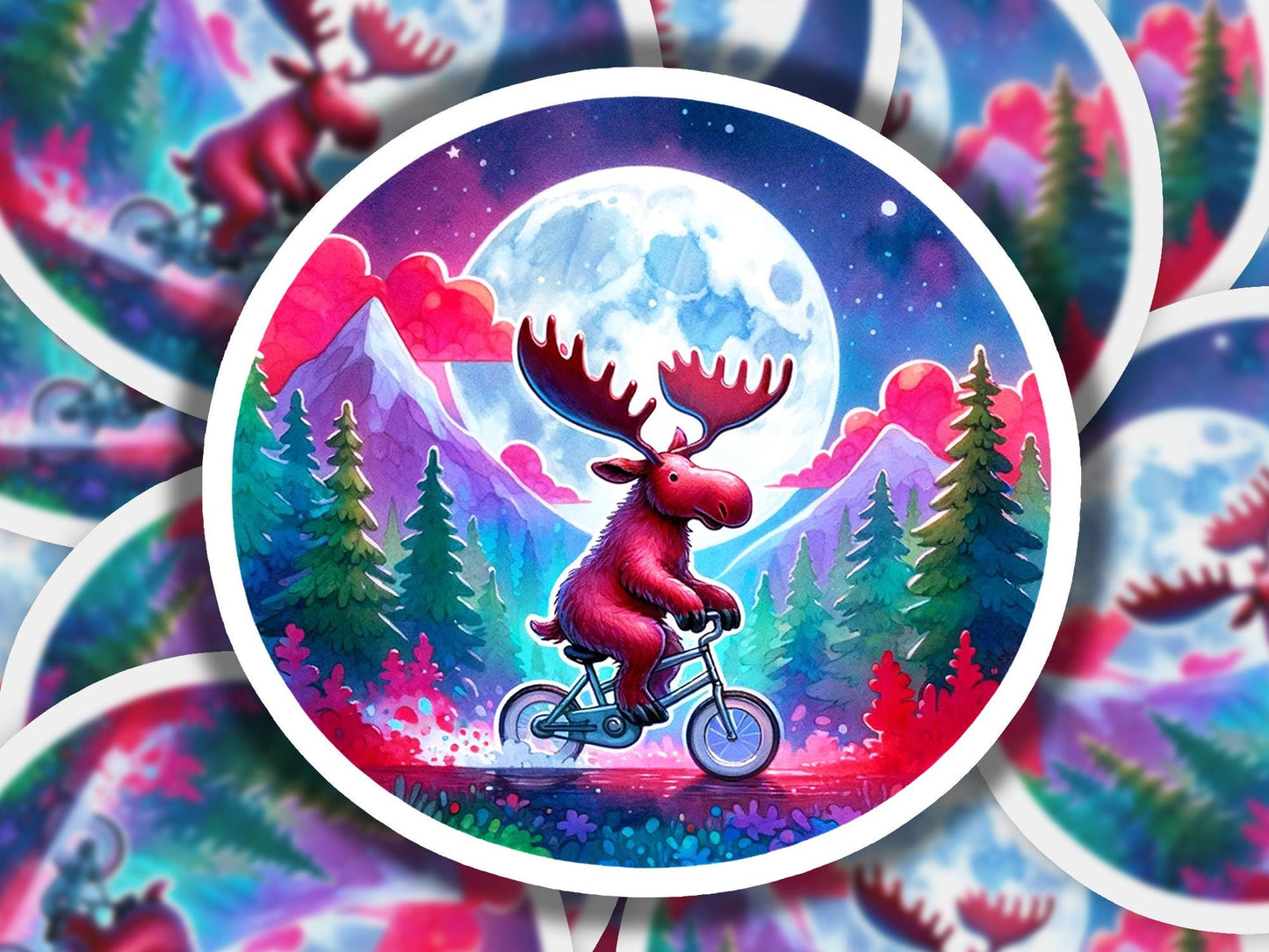 a moose riding a bike in front of a full moon