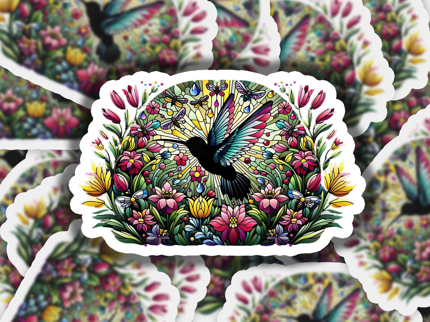 a sticker of a bird surrounded by flowers