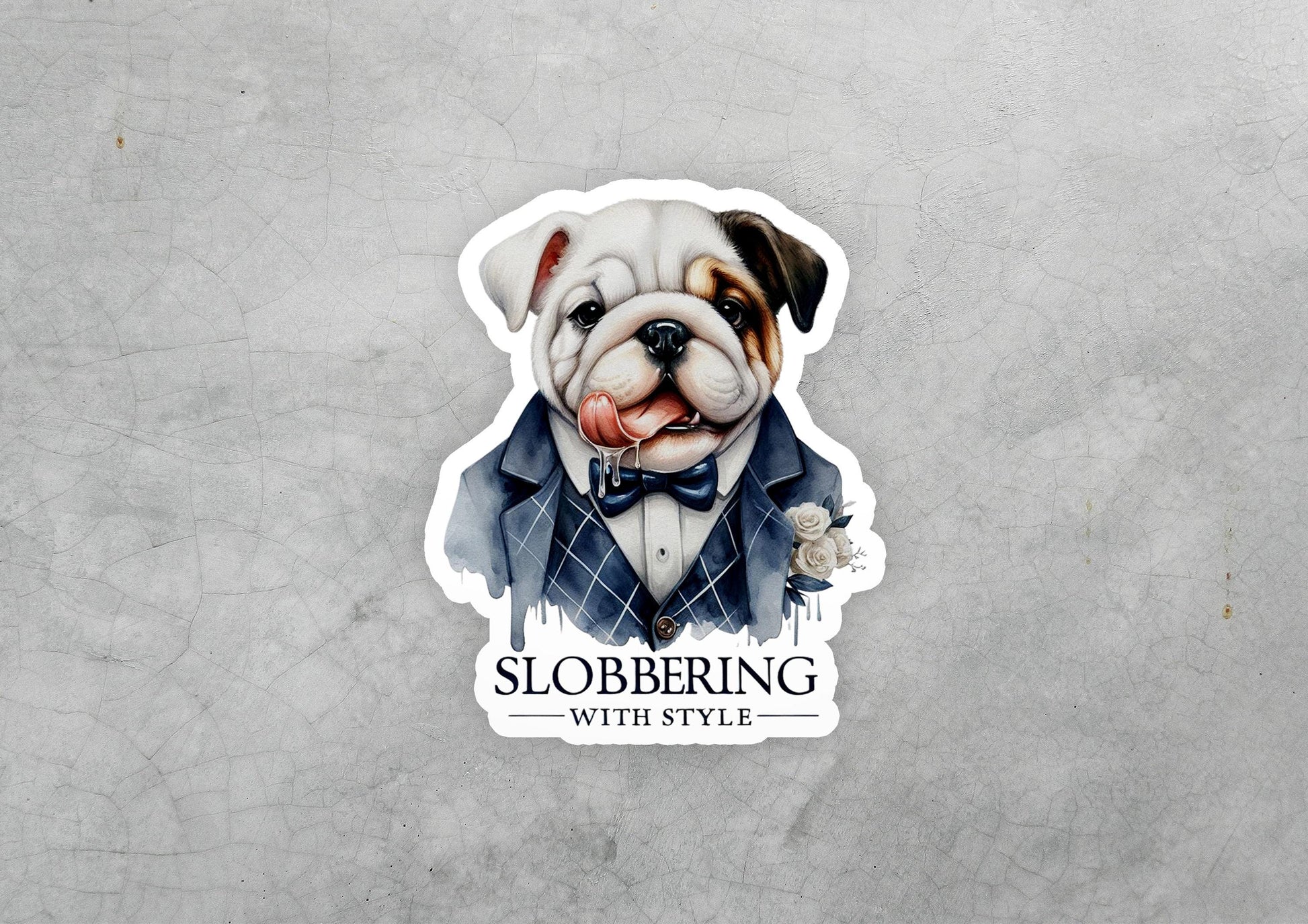 a sticker of a bulldog wearing a tuxedo