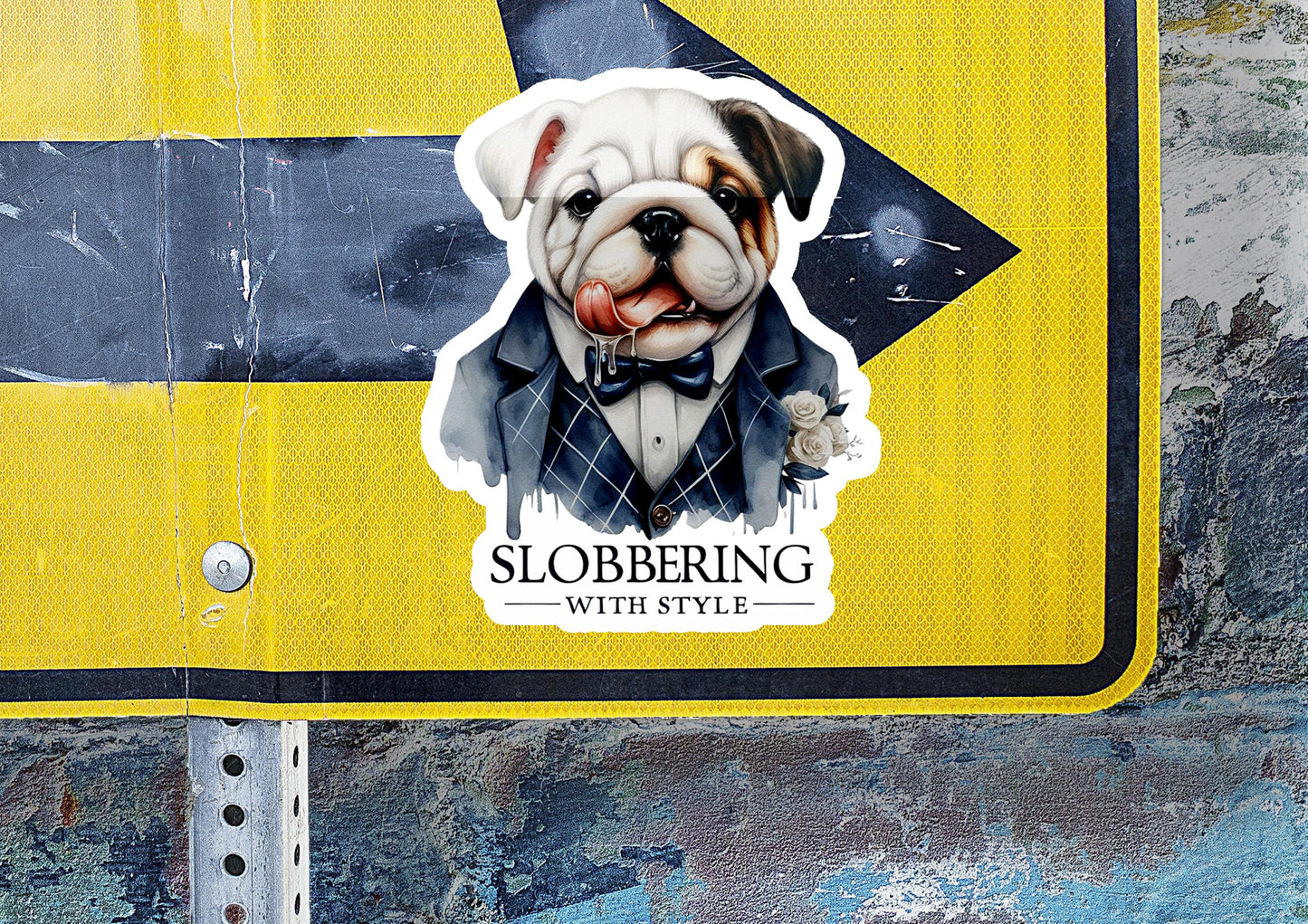 a street sign with a picture of a dog wearing a tuxedo