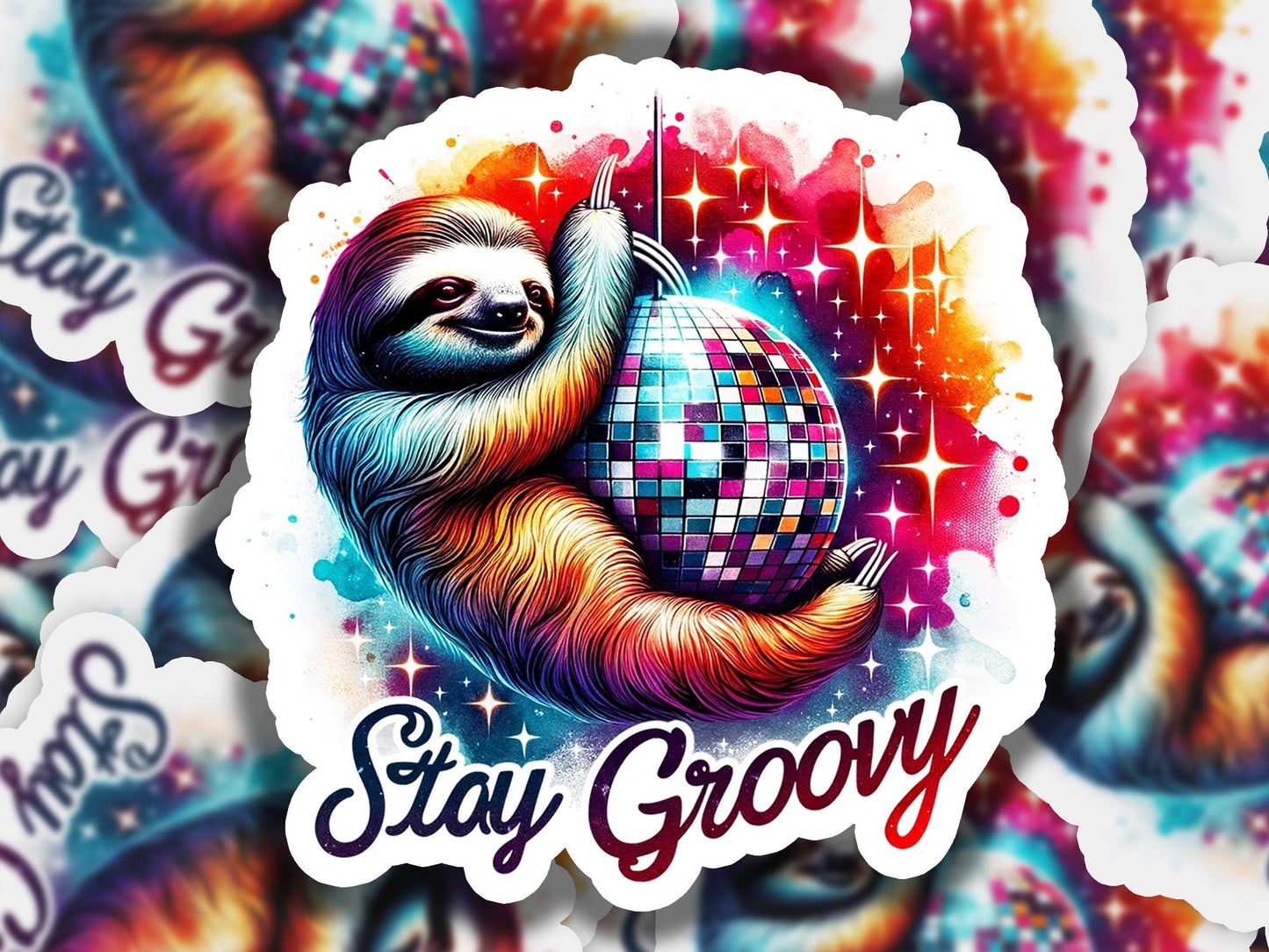 a sticker of a slotty holding a disco ball