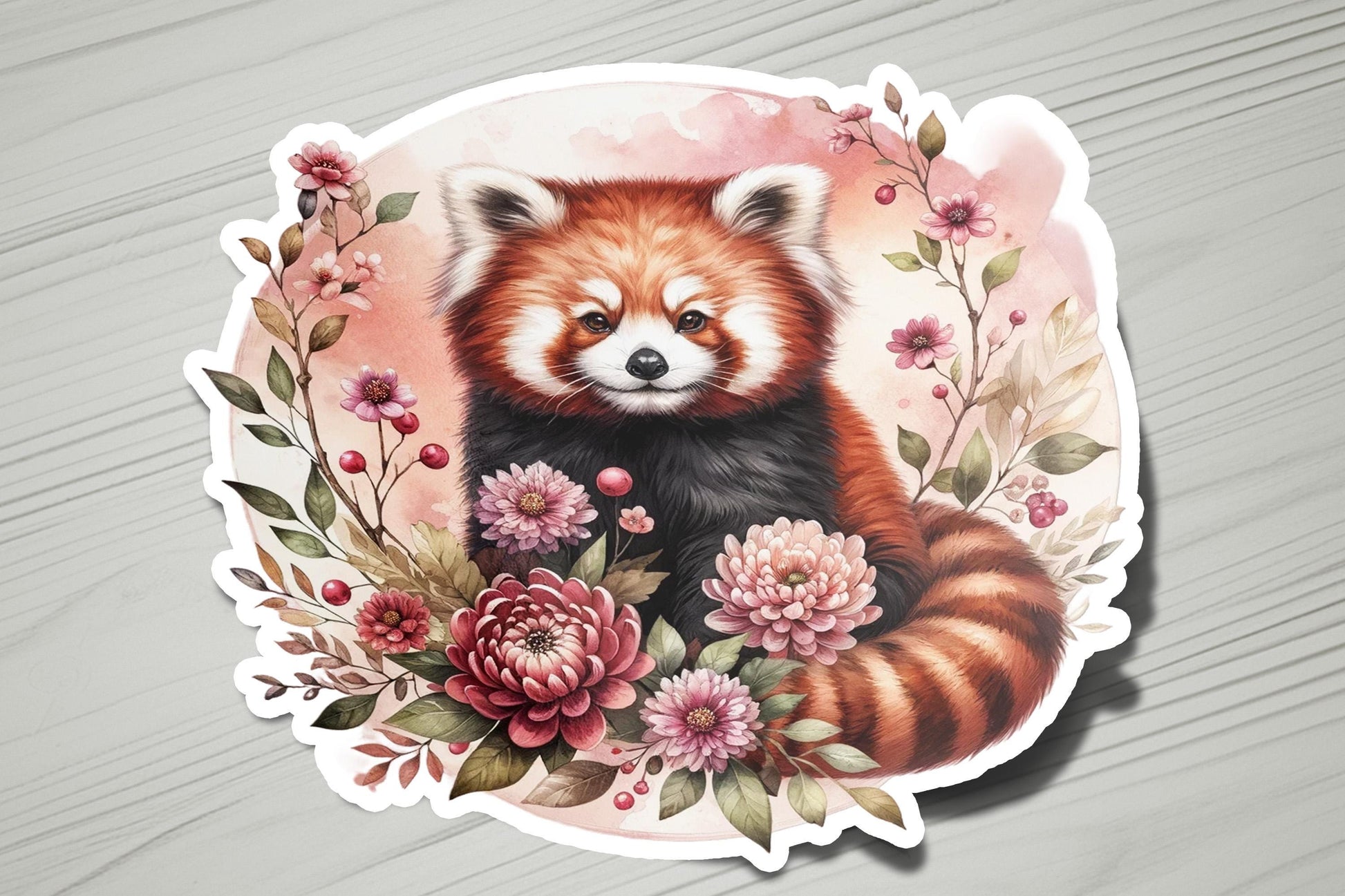 a sticker of a red panda surrounded by flowers