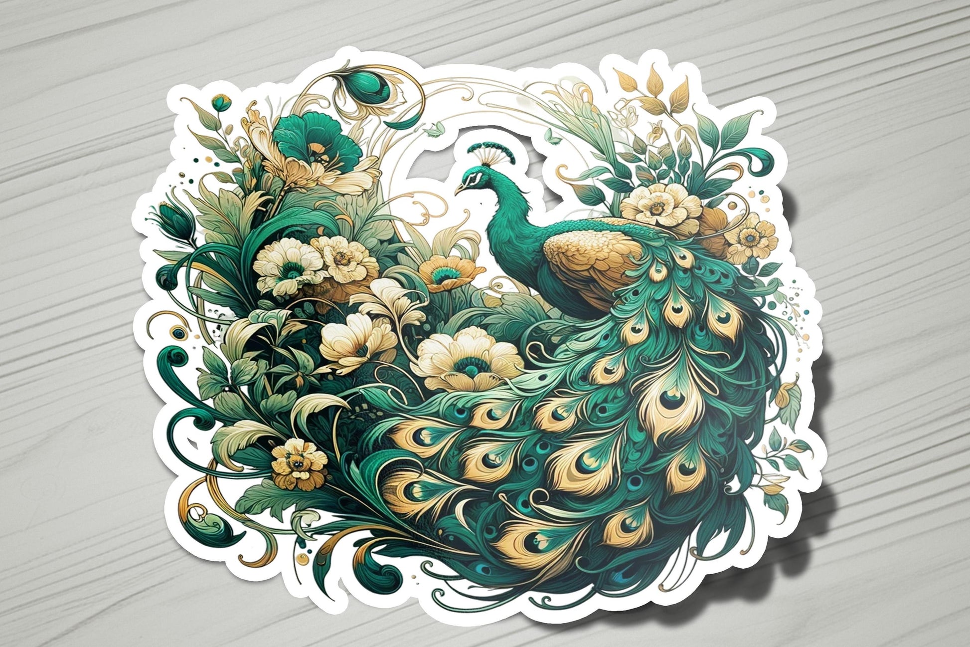 a sticker with a peacock and flowers on it