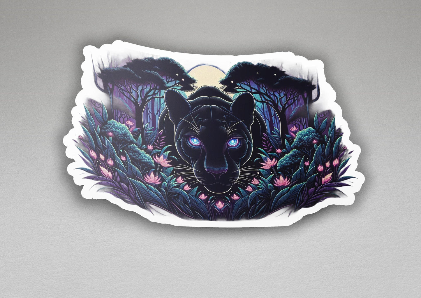 a sticker with a picture of a panther in a forest