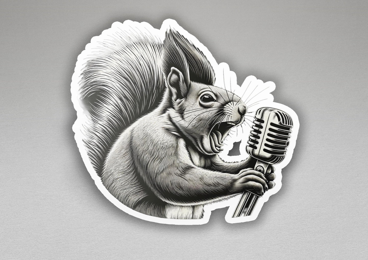 a sticker of a squirrel holding a microphone