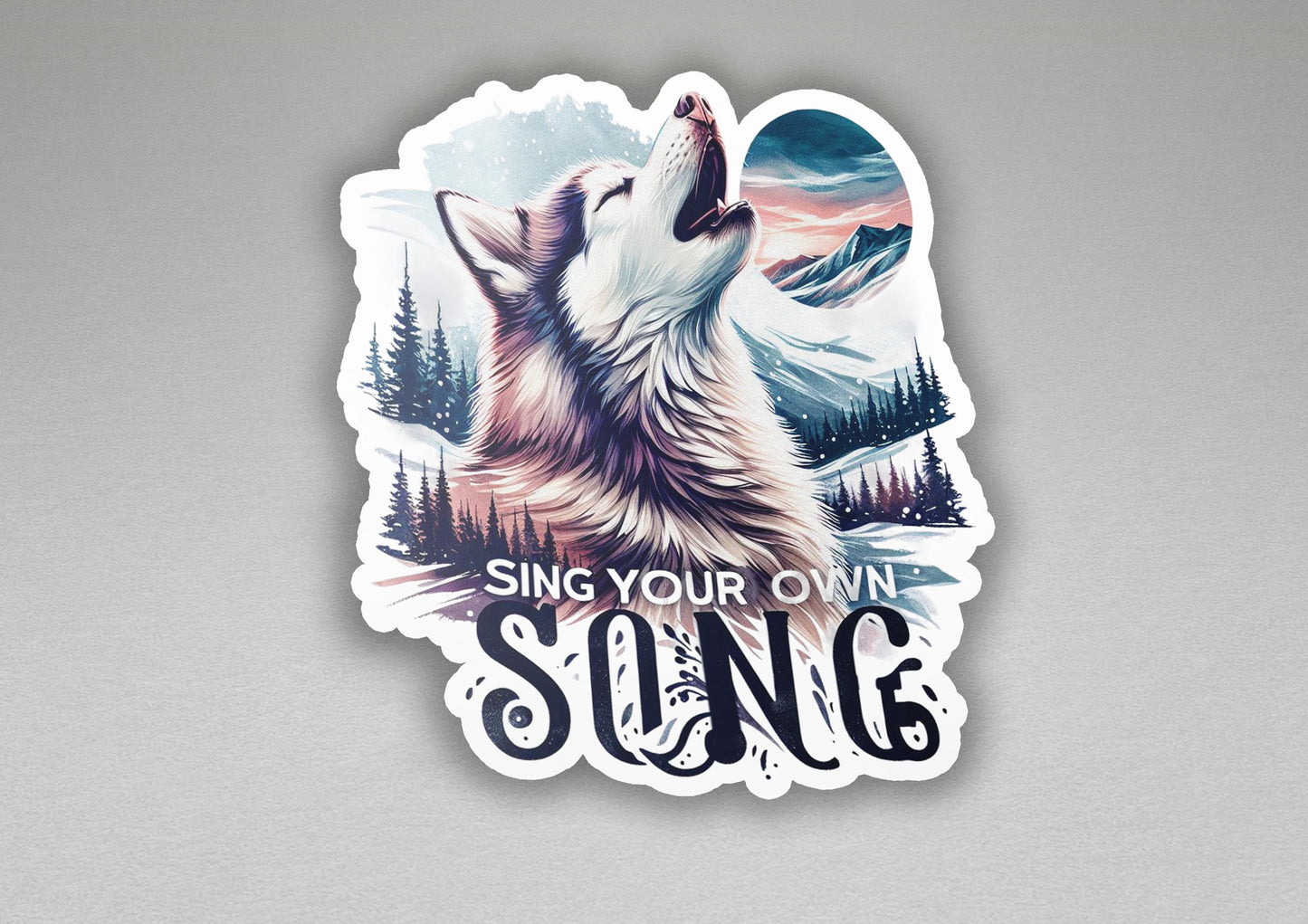 a sticker of a wolf with the words sing your own song