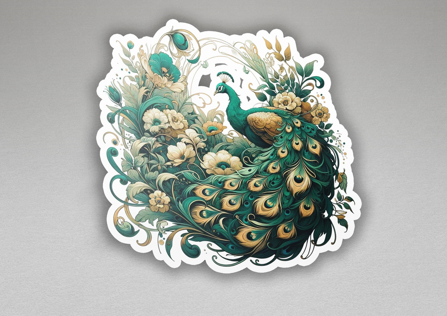 a sticker with a peacock and flowers on it