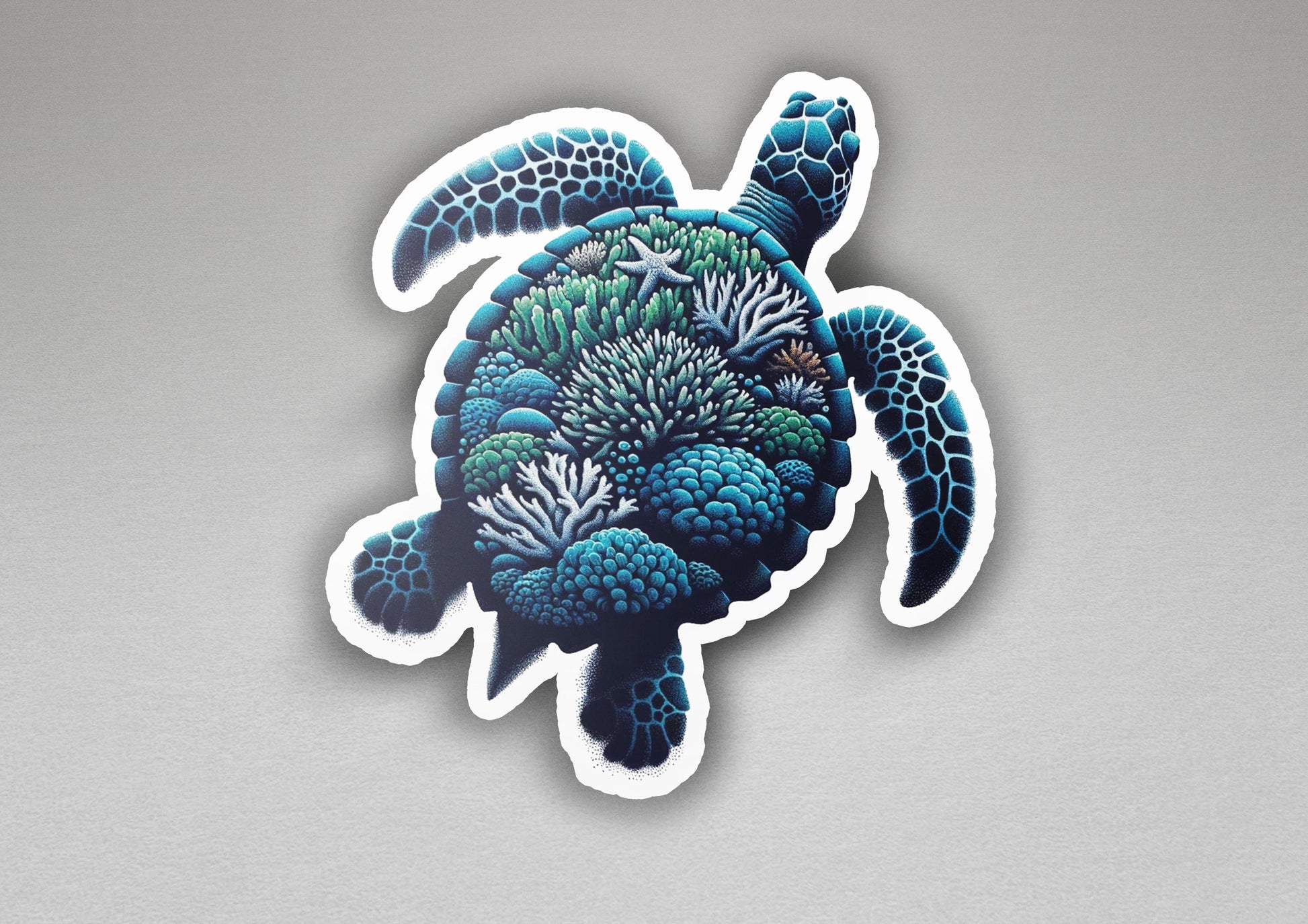 a sticker of a sea turtle with corals on its back