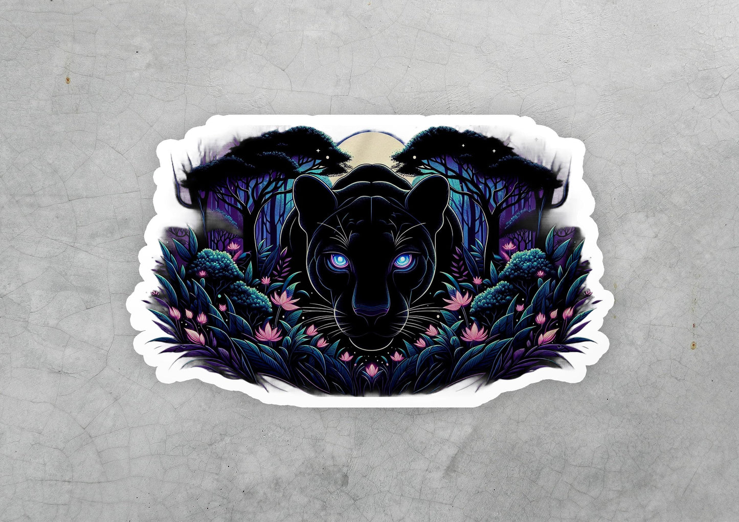 a sticker of a black panther surrounded by flowers