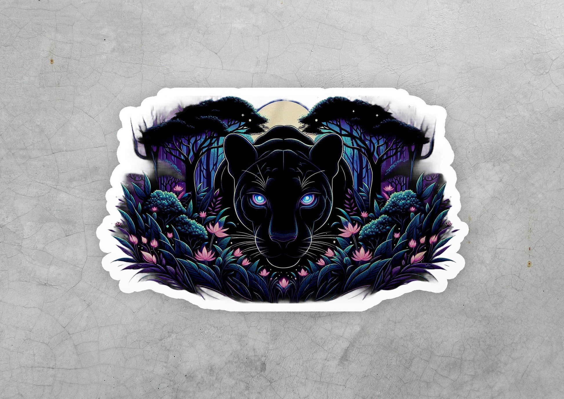 a sticker of a black panther surrounded by flowers