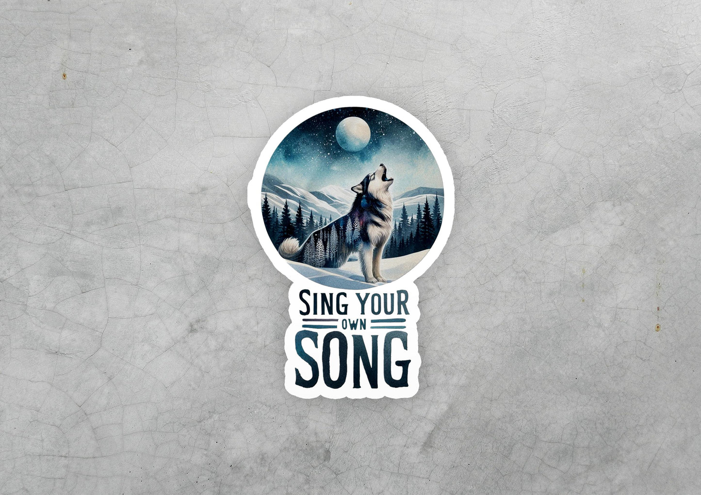 a sticker of a wolf with the words sing your song