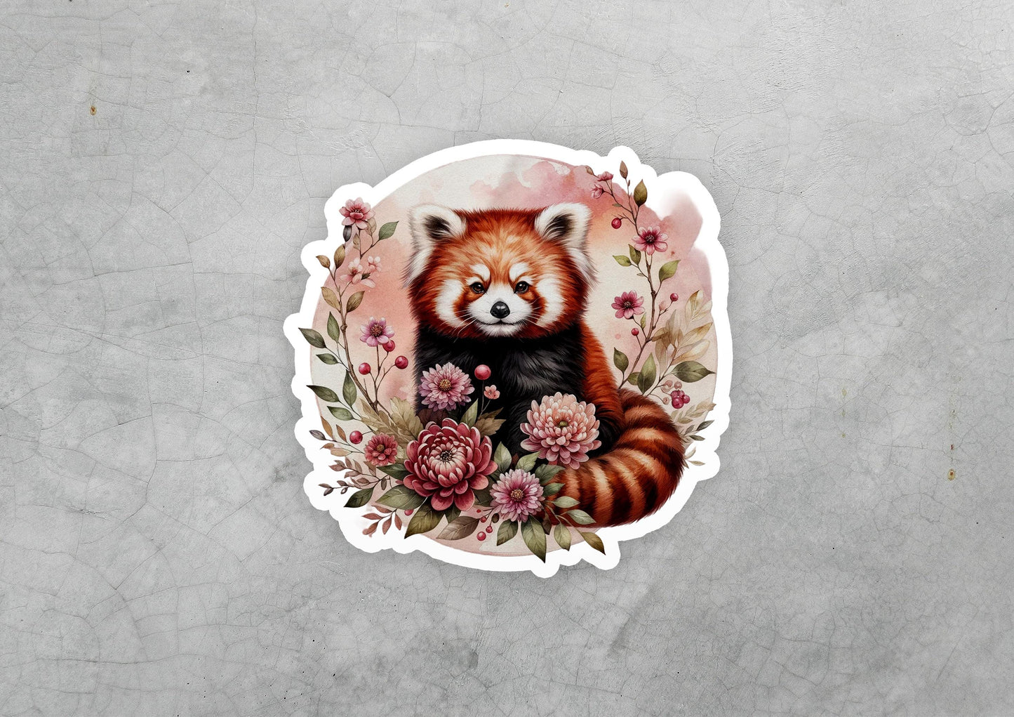 a sticker of a red panda surrounded by flowers