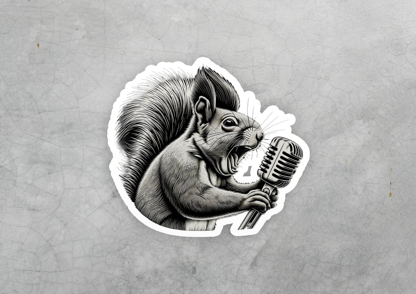 a sticker of a squirrel holding a microphone