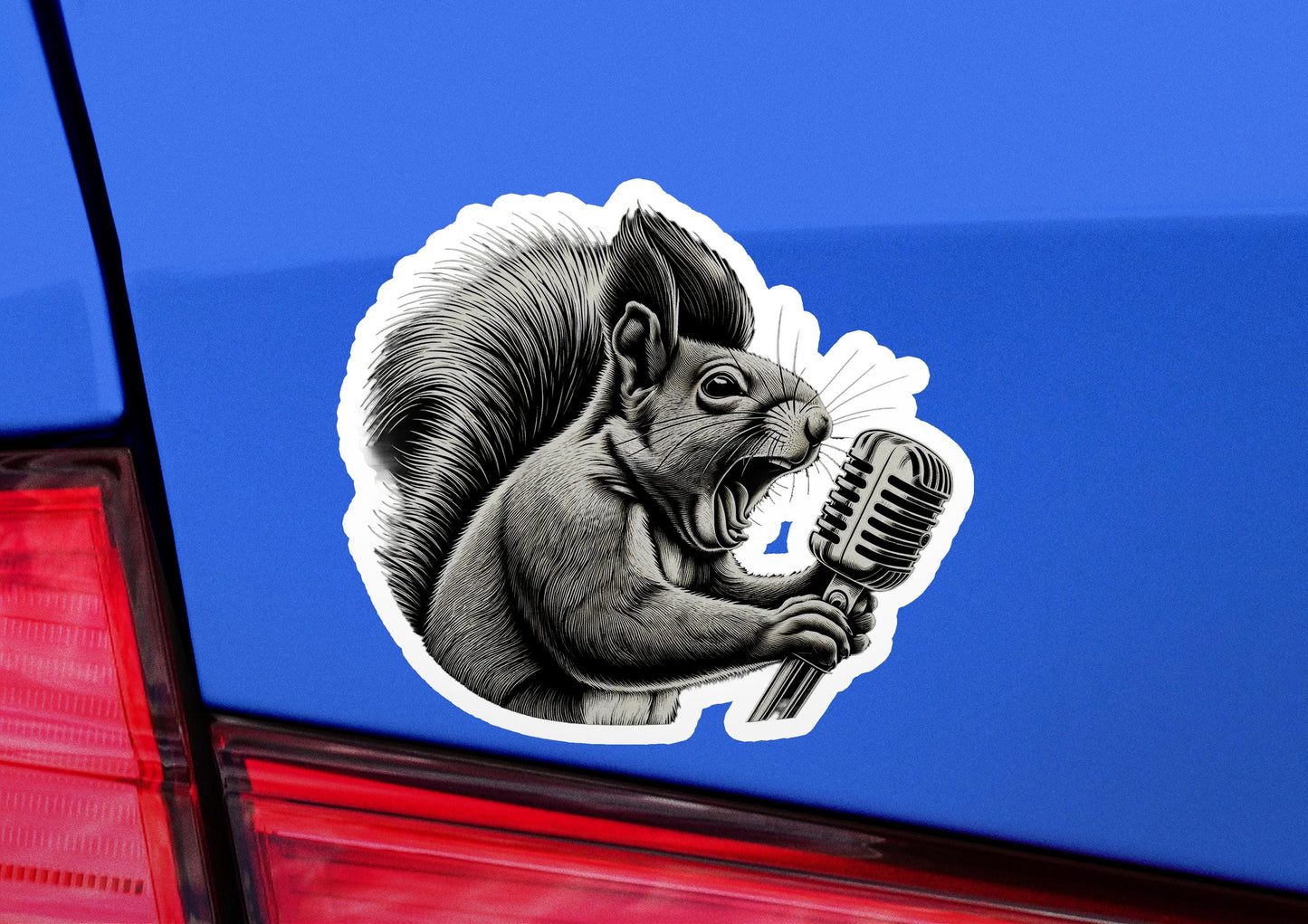 a sticker of a squirrel holding a microphone