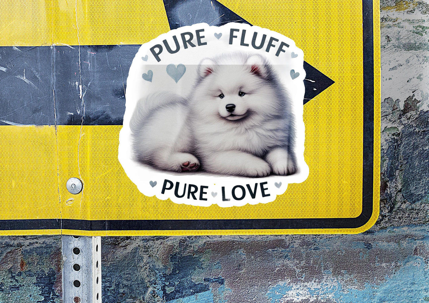 a sticker of a white dog on a yellow and black street sign