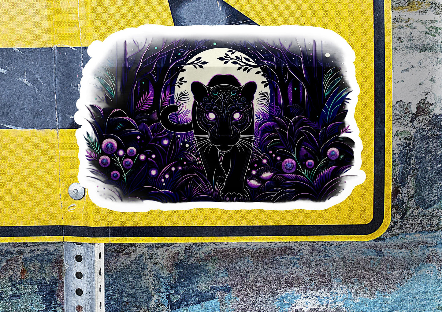 a sticker of a black cat with purple eyes