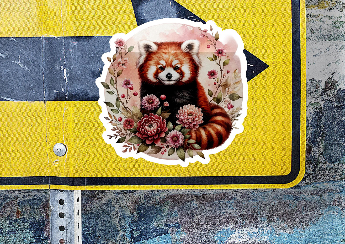 a close up of a street sign with a picture of a red panda