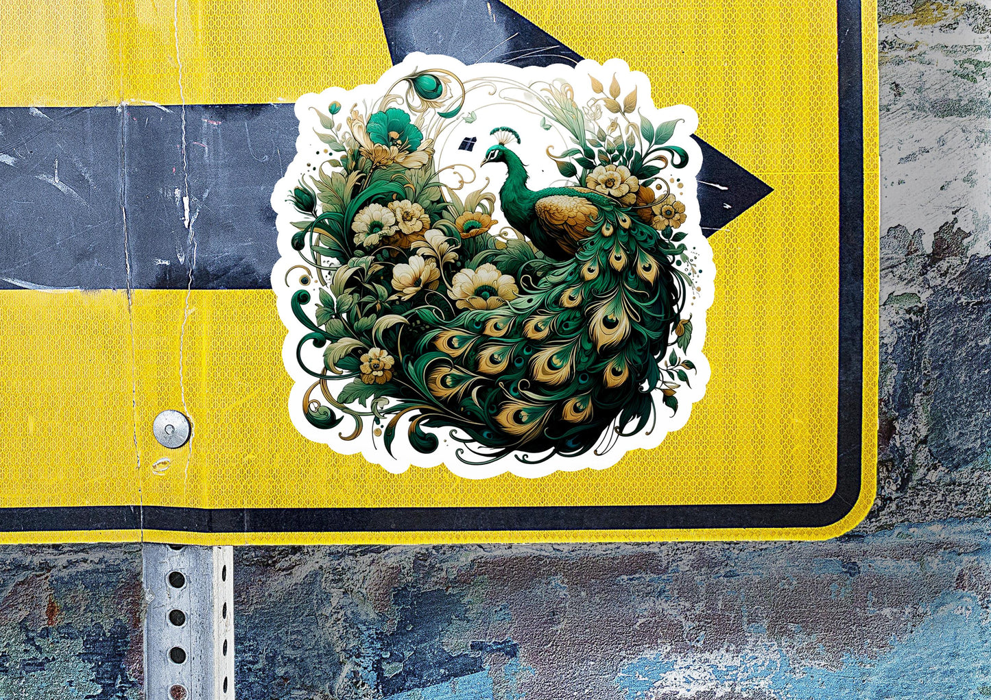 a street sign with a picture of a peacock on it