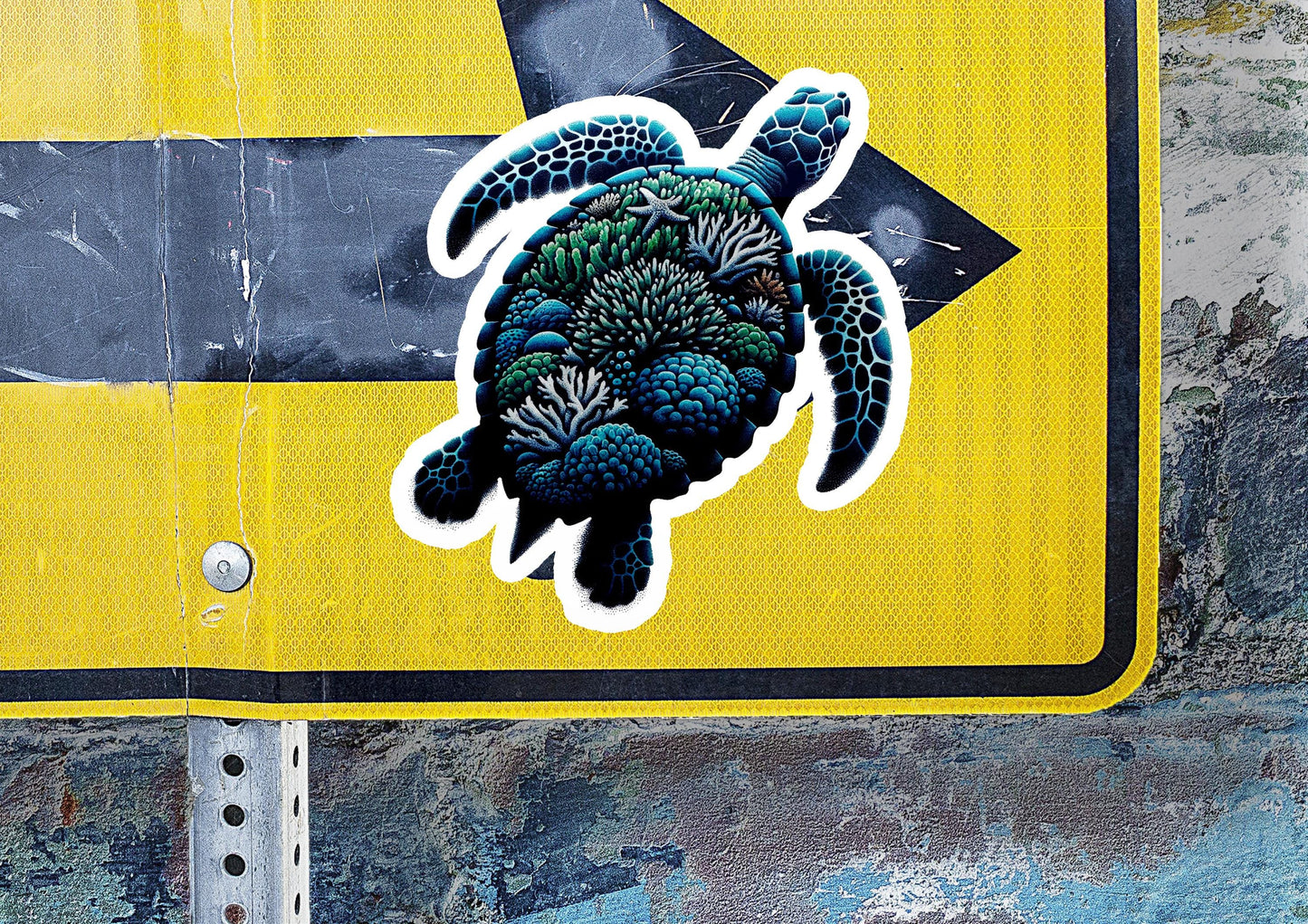 a sticker of a sea turtle on a yellow sign