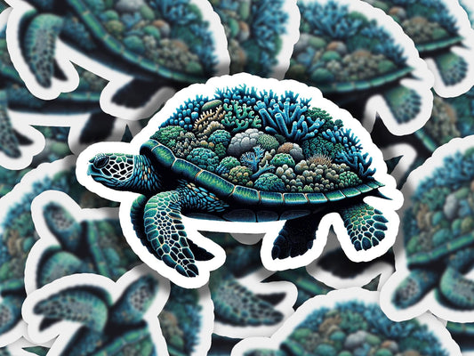 a sticker of a sea turtle surrounded by seaweed