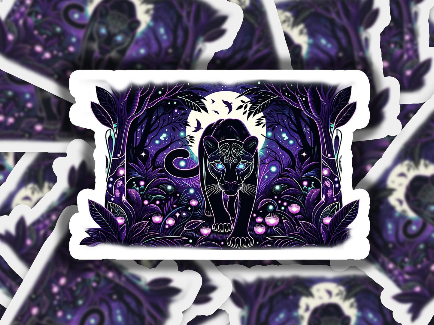 a sticker with a picture of a cat in a forest