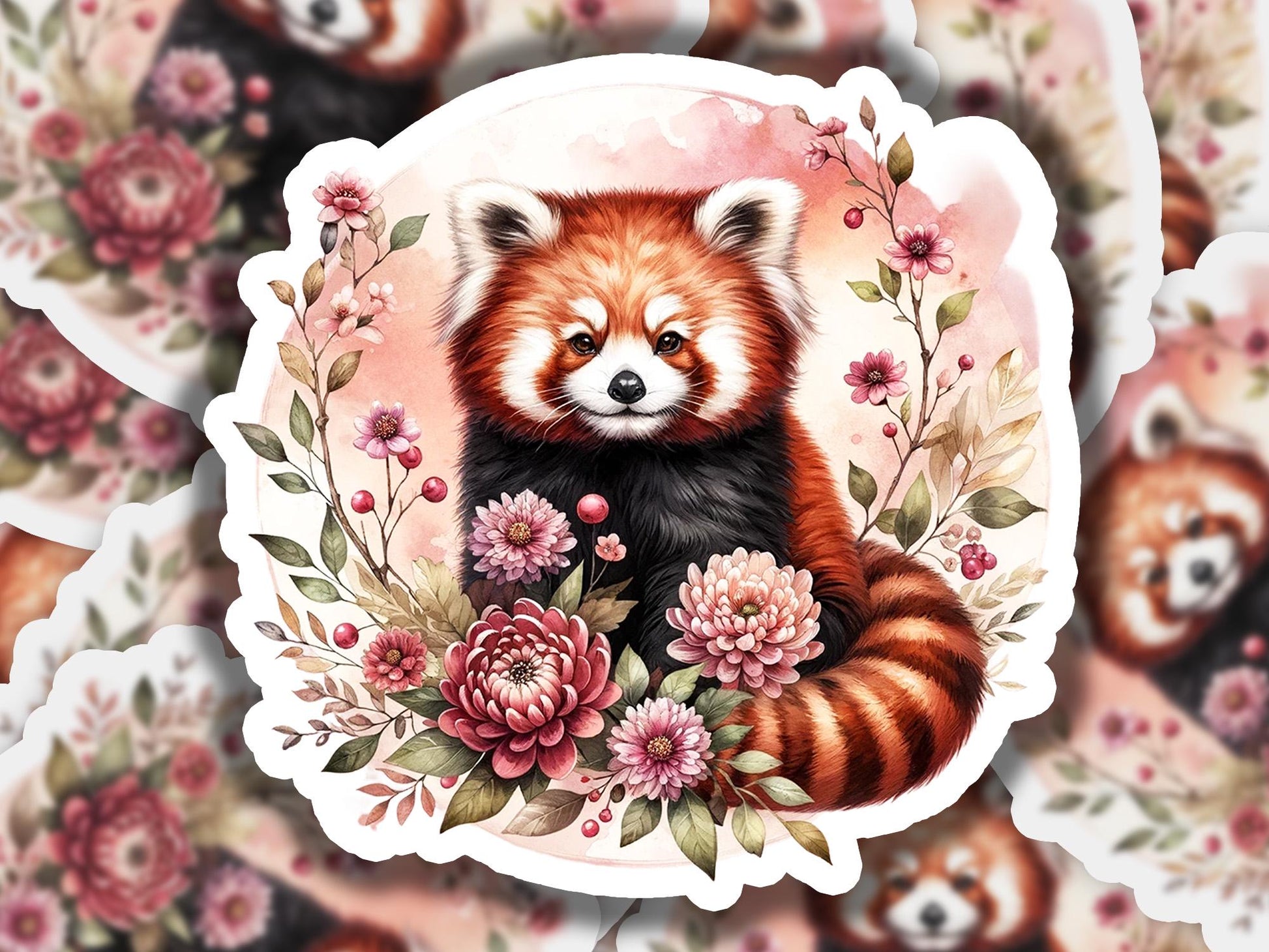 a picture of a red panda surrounded by flowers