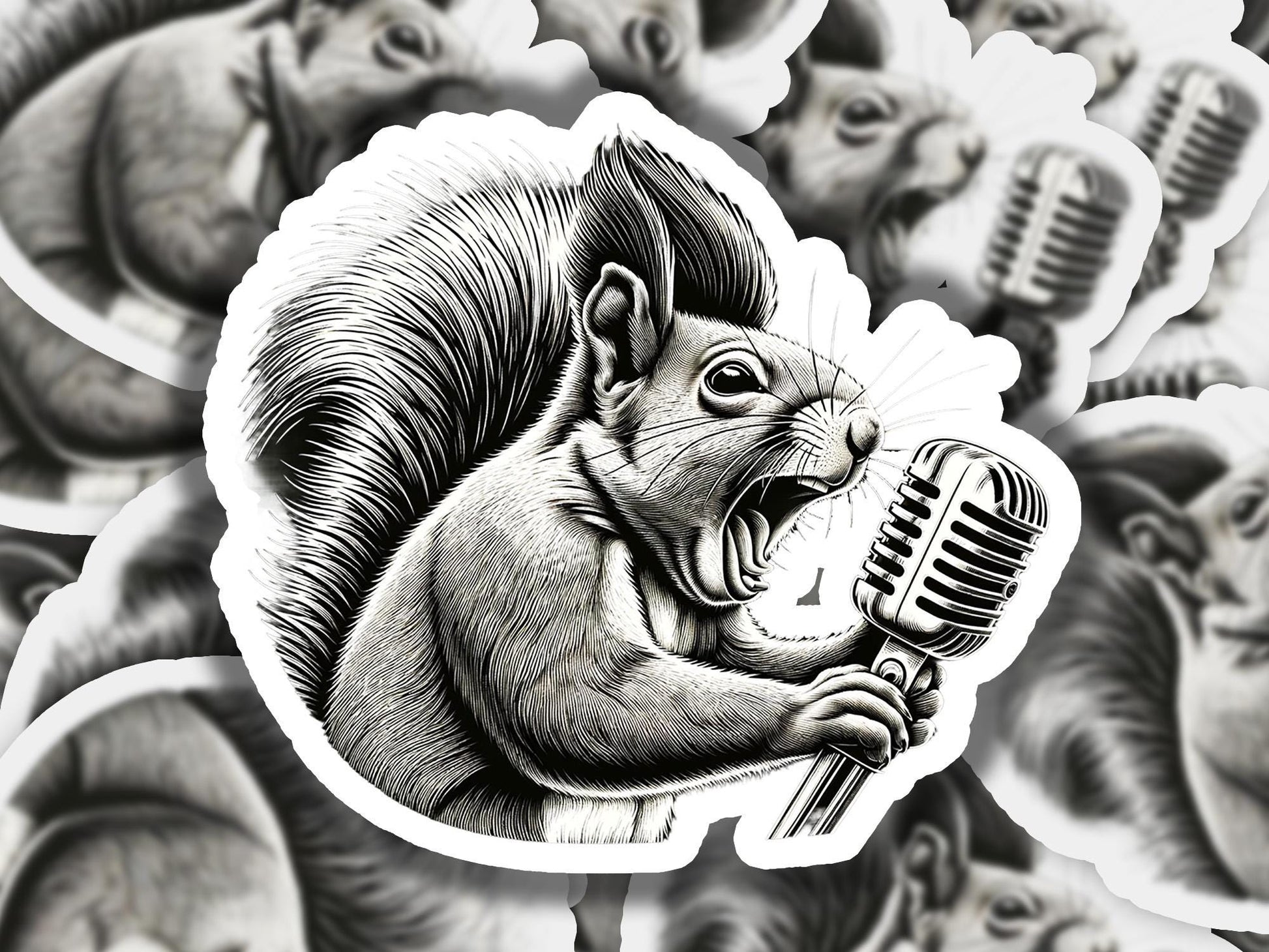 a sticker of a squirrel holding a microphone