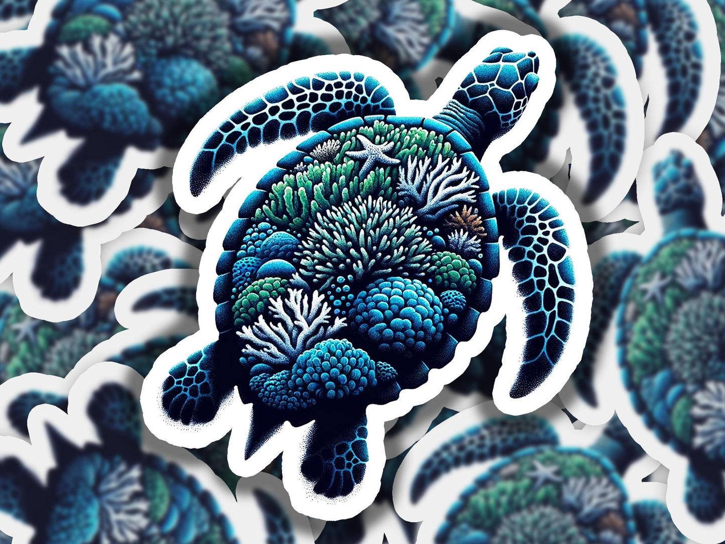 a sticker of a sea turtle surrounded by seaweed