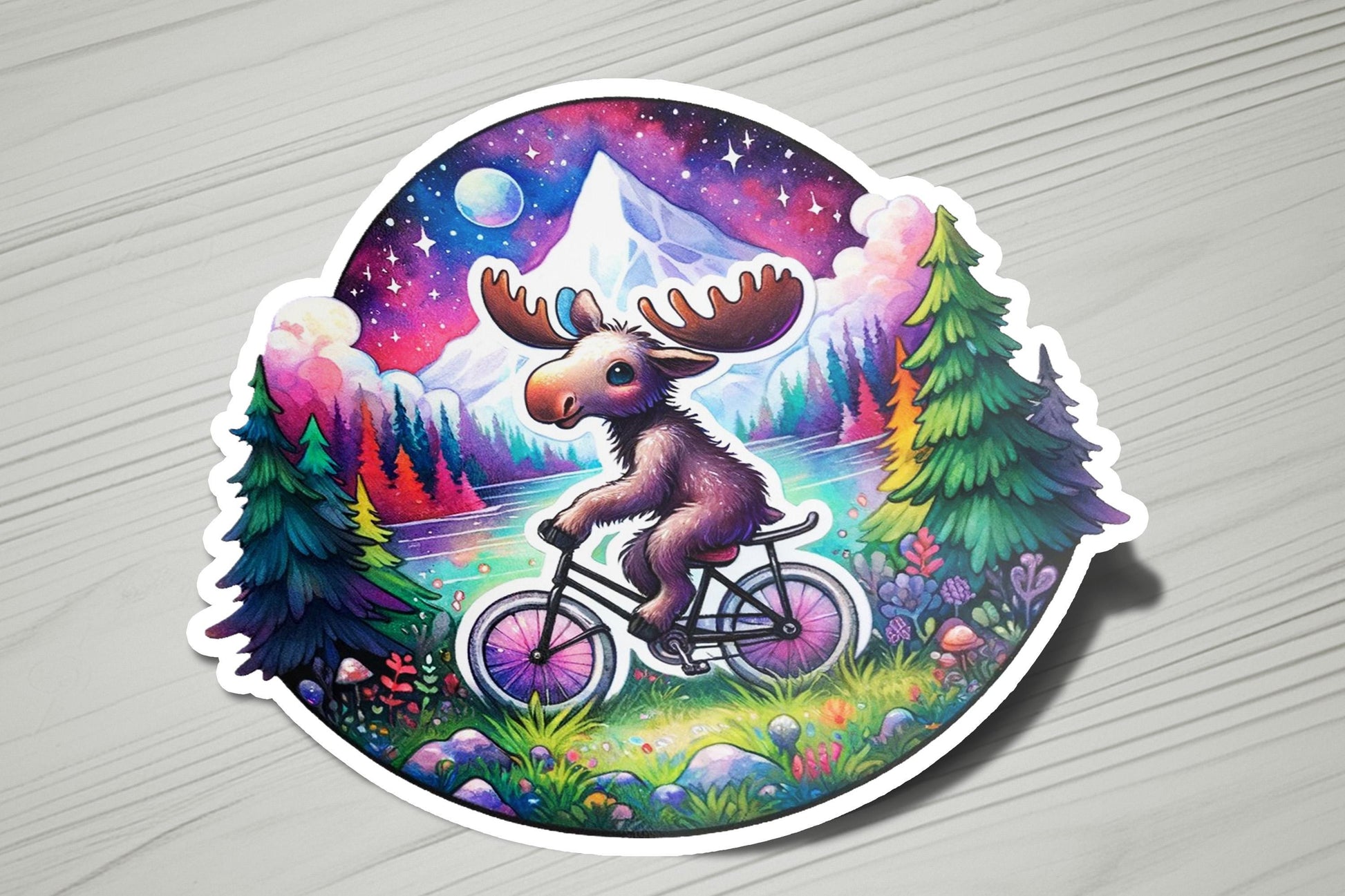 a sticker of a moose riding a bicycle