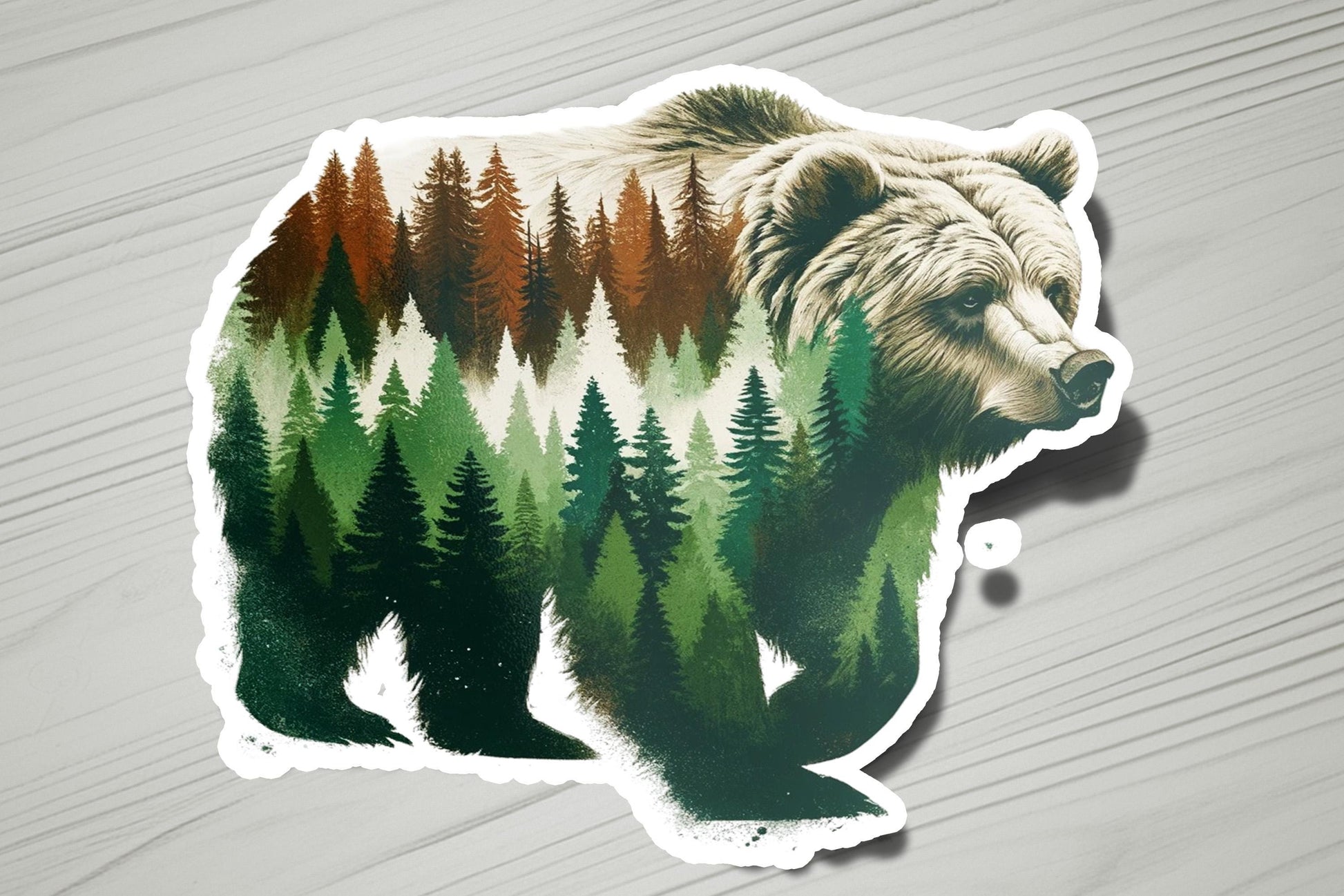 a sticker of a bear with trees on it