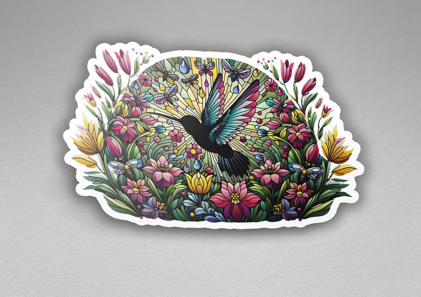 a sticker with a picture of a bird in a field of flowers