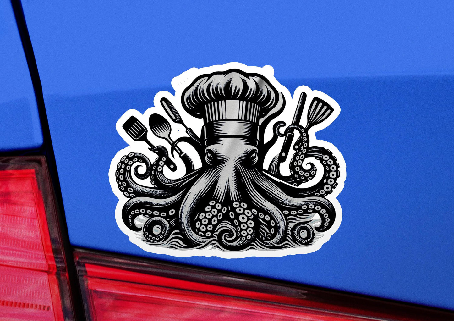 a sticker of an octopus with a chef's hat and cooking utens