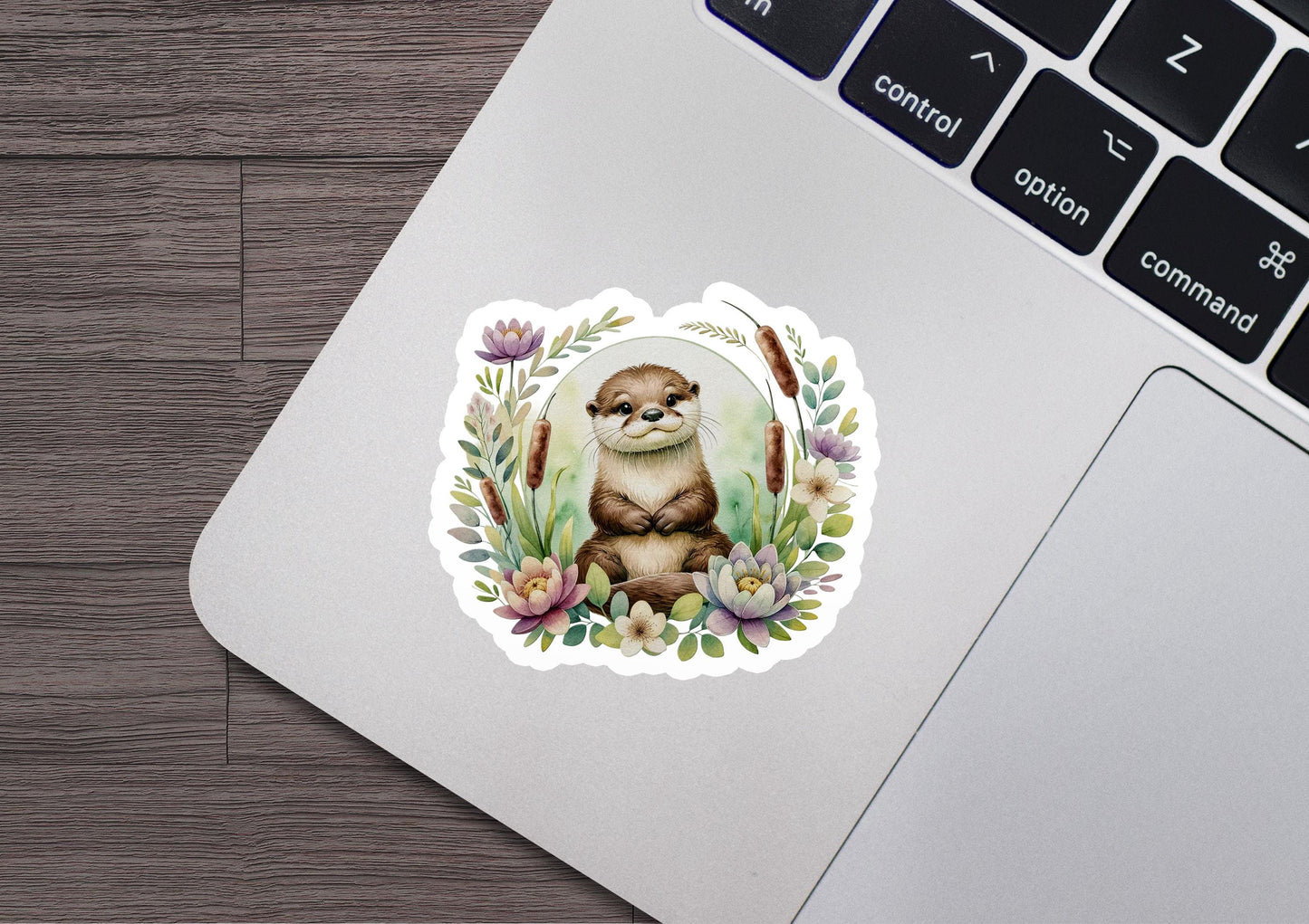 a sticker of an otter on a laptop keyboard