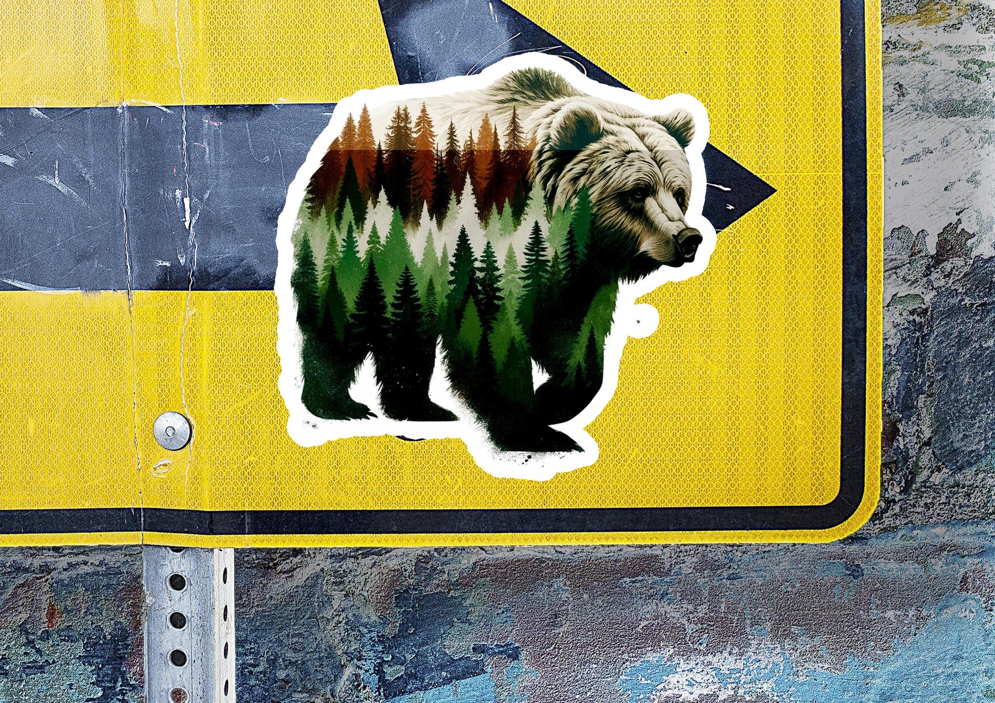 a sticker of a bear on a road sign