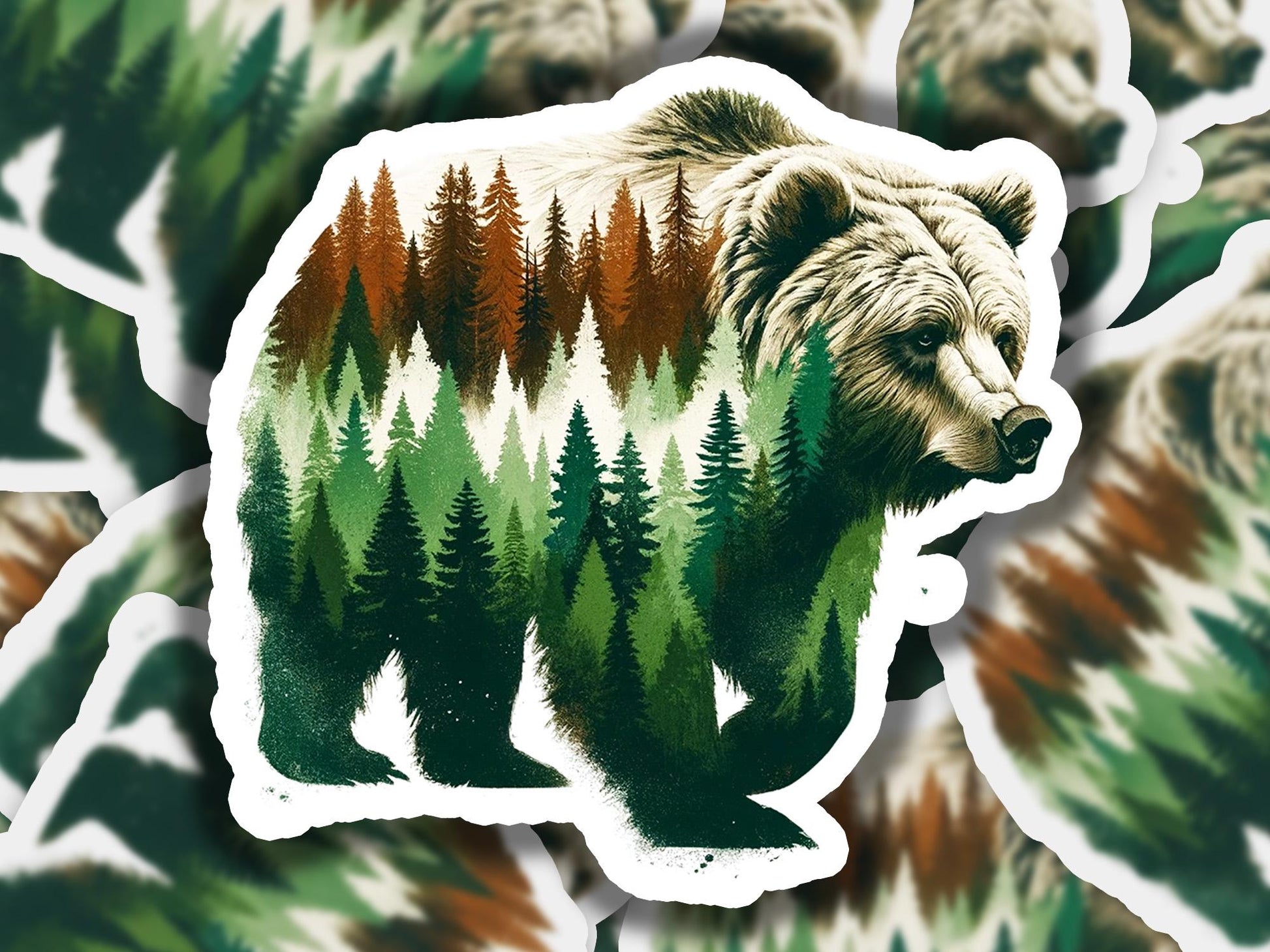 a sticker of a bear with trees in the background